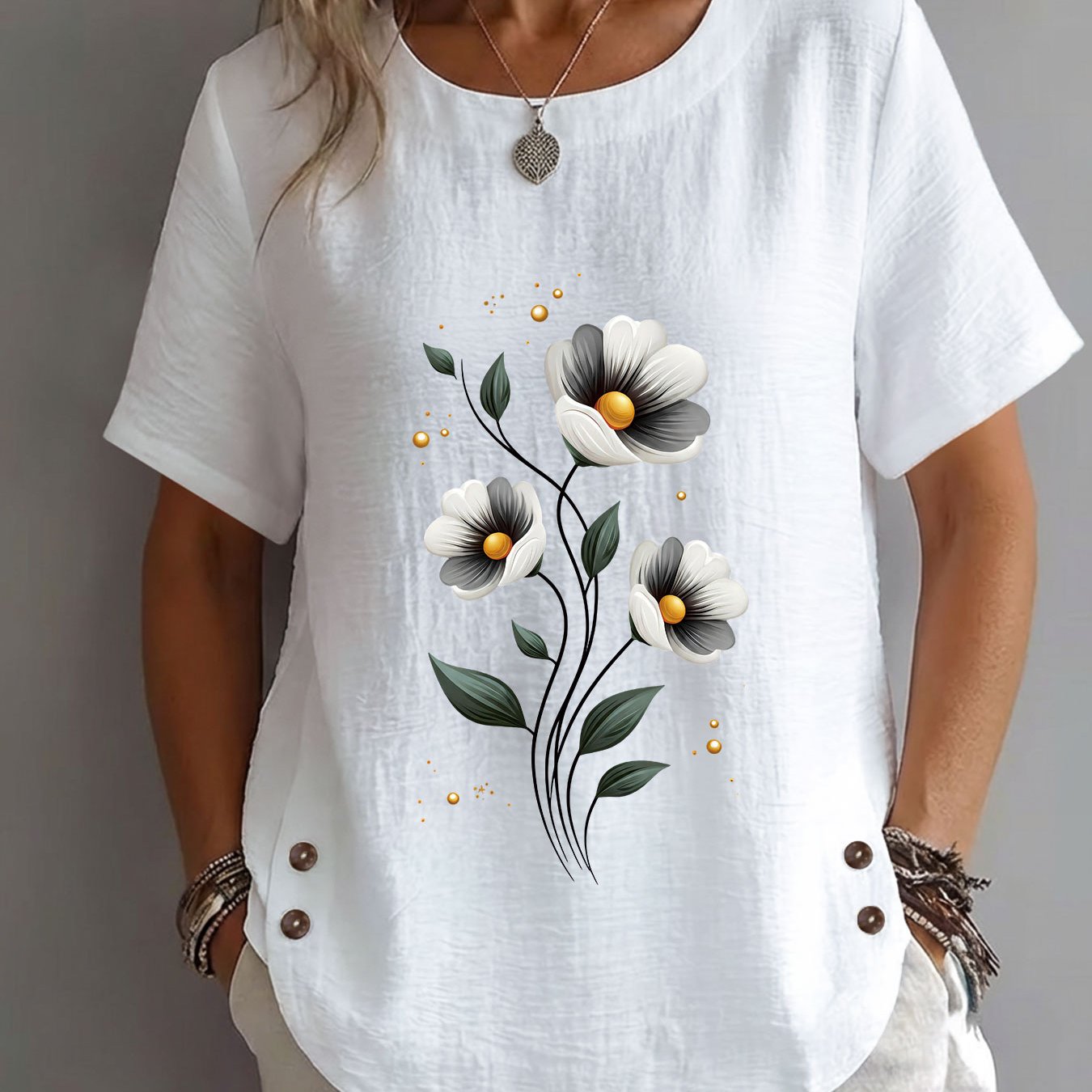 TEMU Summer Fashion Women's Top, With Floral, Leaf, And Bubble Print, Casual Loose Fit Short Sleeve Round Neck