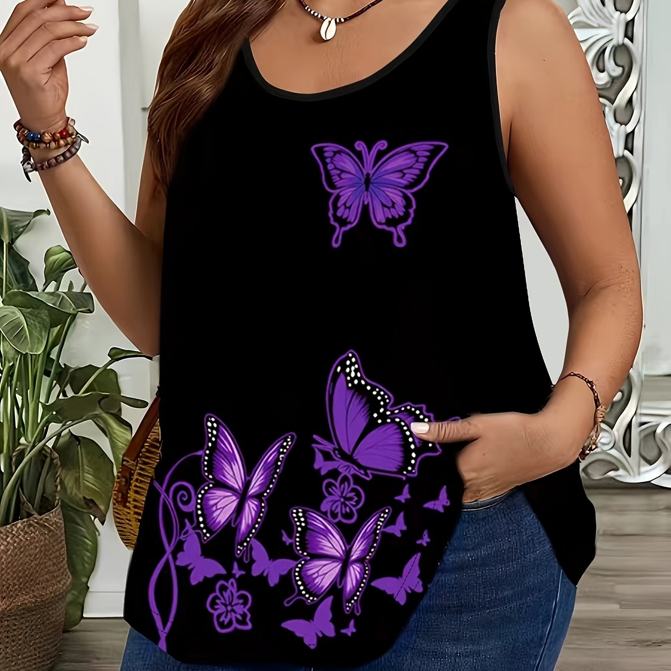 TEMU Plus Size - Plus Size - Purple Floral Print Plus Size Round Neck Vest Temperament Style Top