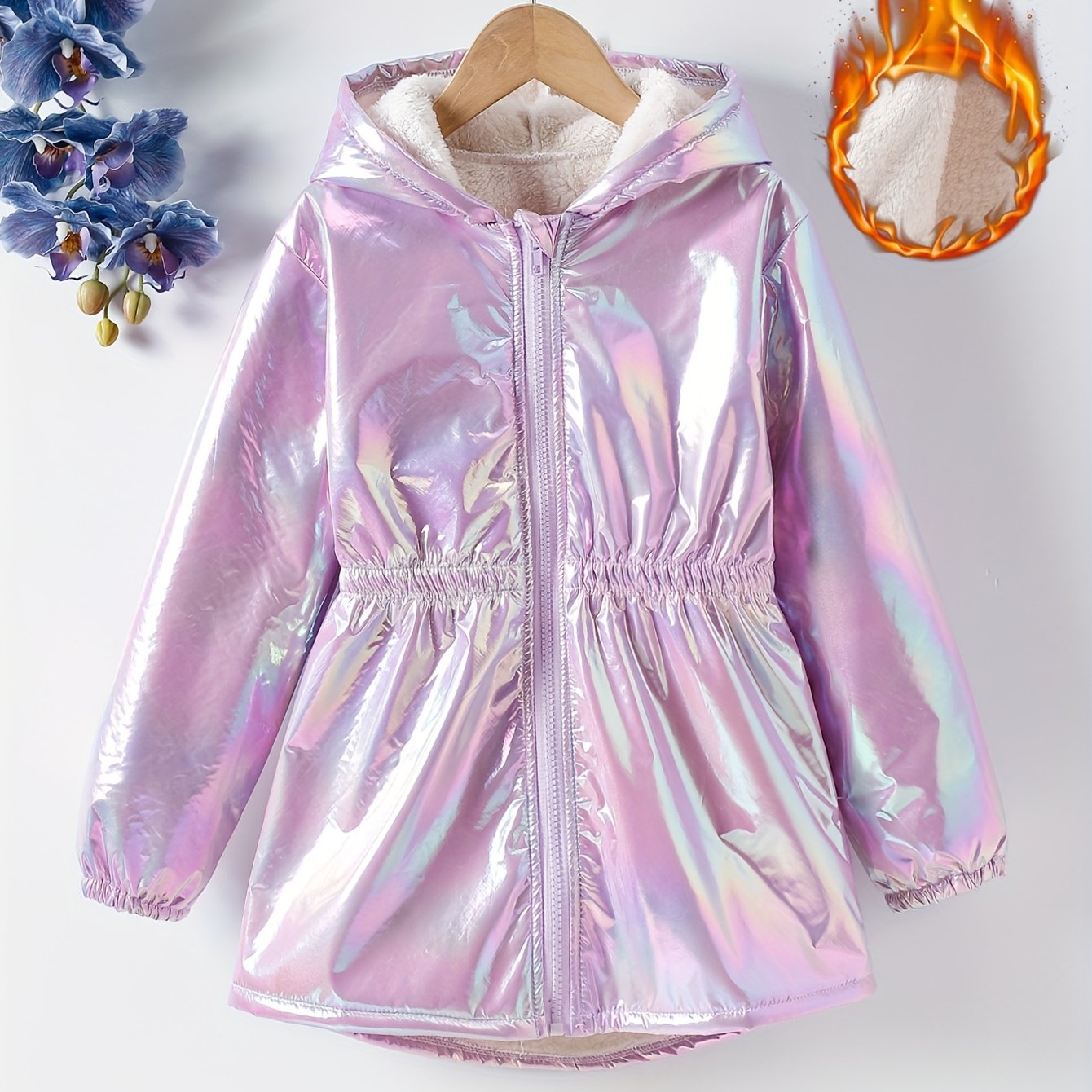 Image of Girls' Fashion Clothing For Autumn And Winter Featuring A Hooded Zip-up Coat Made Of Thickened Laser Fabric And Plush Material, Perfect For Halloween And Christmas