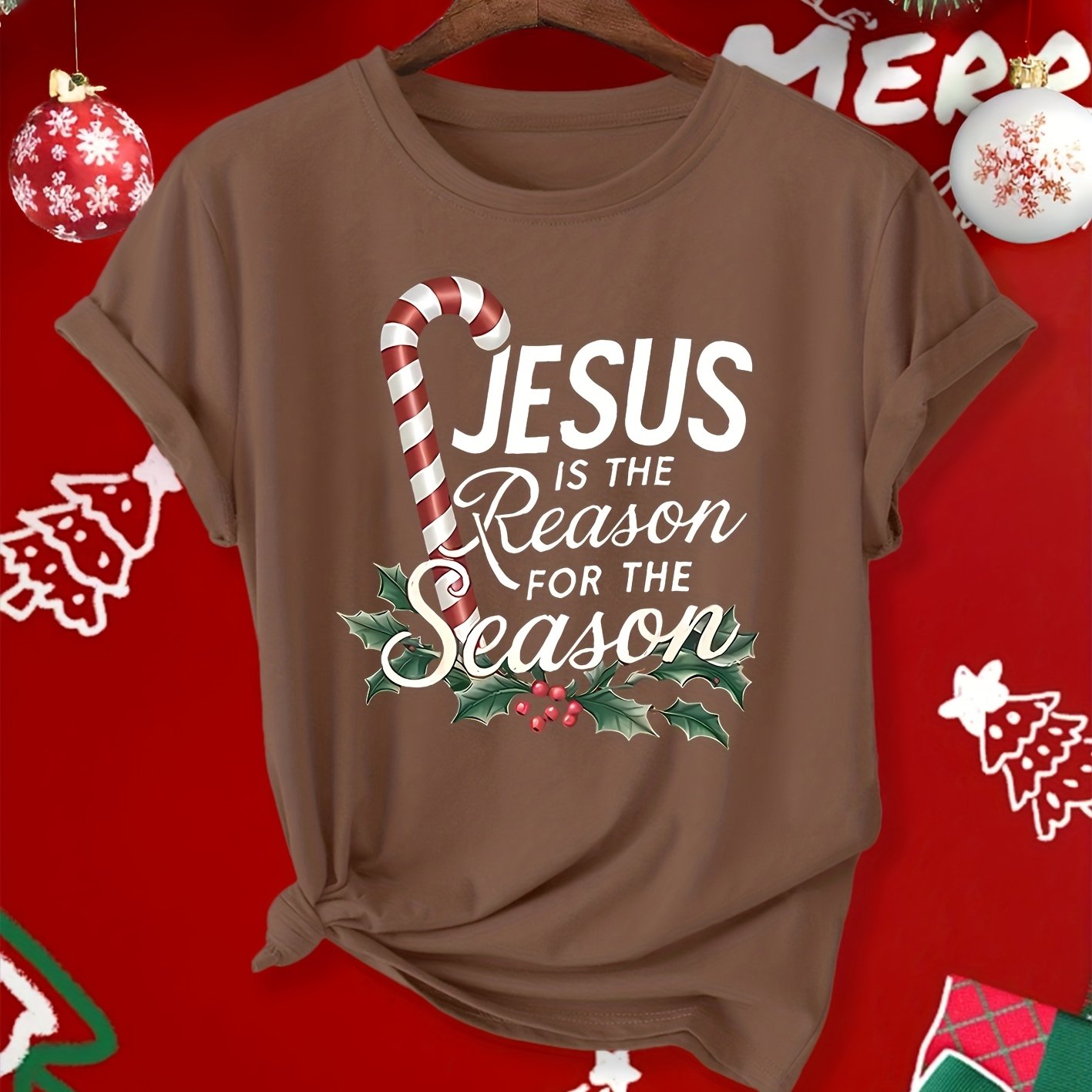 TEMU Women's Elegant Short-sleeve Round Neck T-shirt With Religious Christmas Themed Print, Suitable For Spring, Summer, And Autumn. A Versatile And