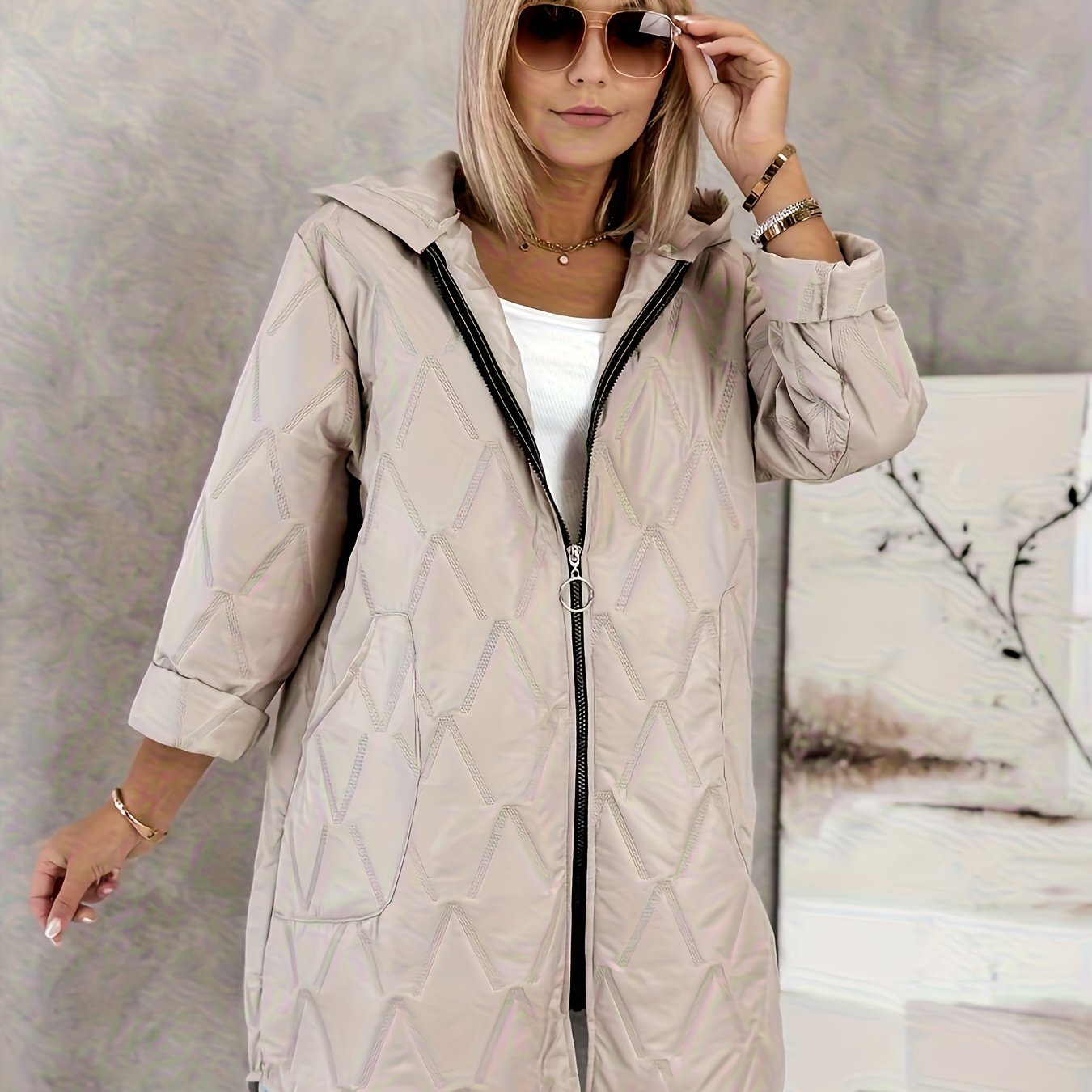 TEMU Women's Autumn Winter Mid-length Solid Elegant Warm Zipper Jacket Fashion Long Sleeve Hooded Pocket Winter Quilted Coat, Machine Washable Casual