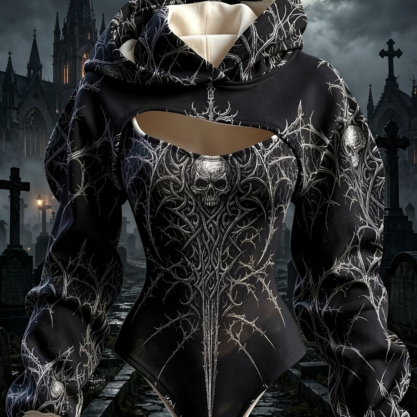 Image of Halloween Women's 2pcs Jumpsuit, Featuring A Retro, Mysterious Style With A Hooded Design, A Long-sleeved Bodice With Cut-out Detailing, A Fitted Silhouette, And A Thigh-oto Shoots