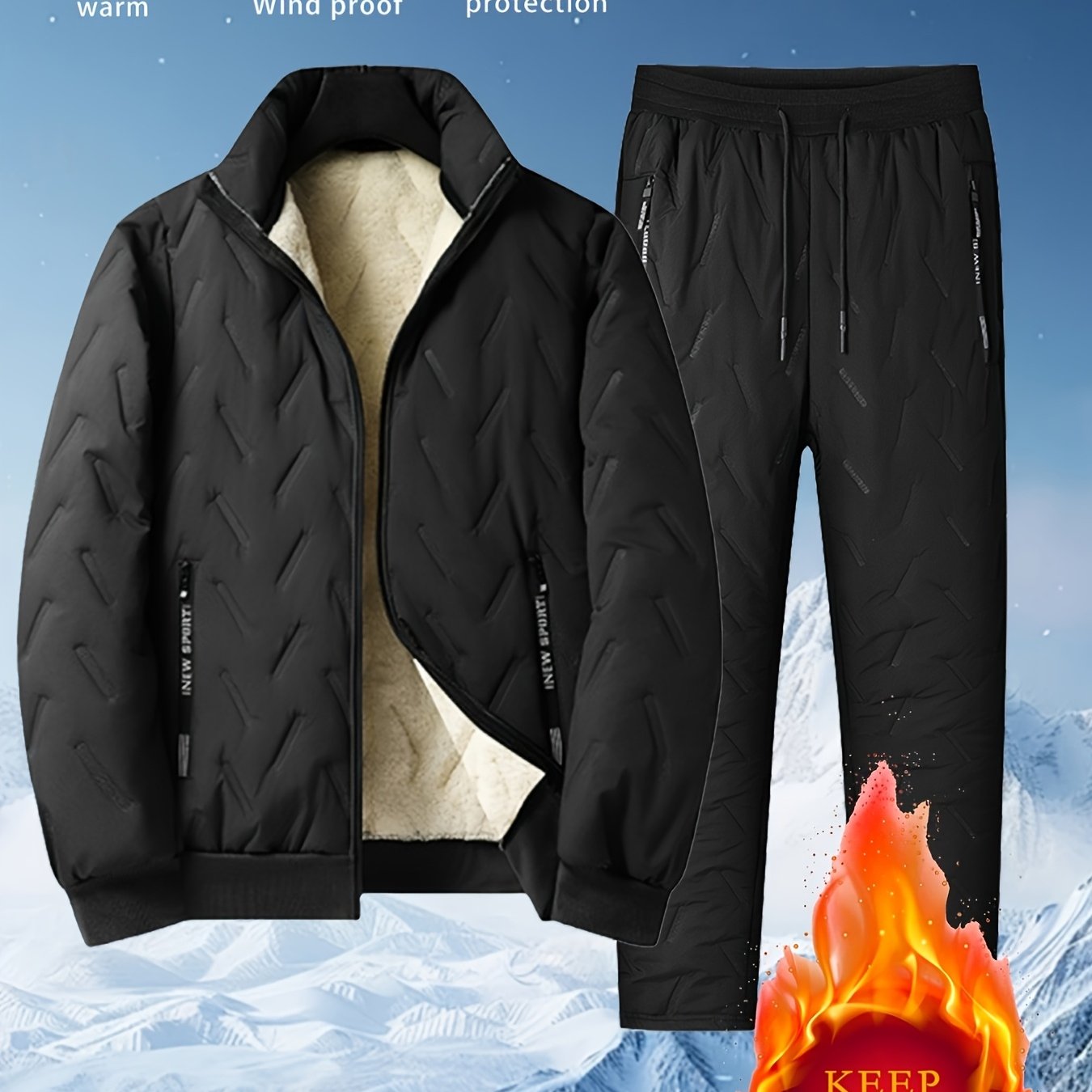 TEMU Men's Winter Windproof Warm 2pcs Outfit, Fleece Lined Quilted Stand Collar Jacket And Drawstring Pocket Pants, Cold Weather Casual Suit