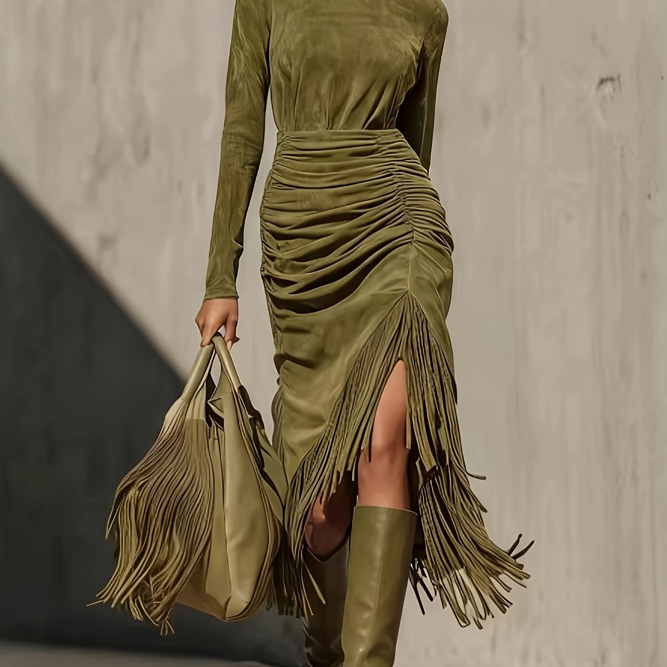 Image of Women's Dress - Women's Spring And Autumn Winter Long Sleeve Dress - Tassel Edge Skirt&waist Wrinkle For Design - Solid Color - Retro Style | Vacation | Dressing