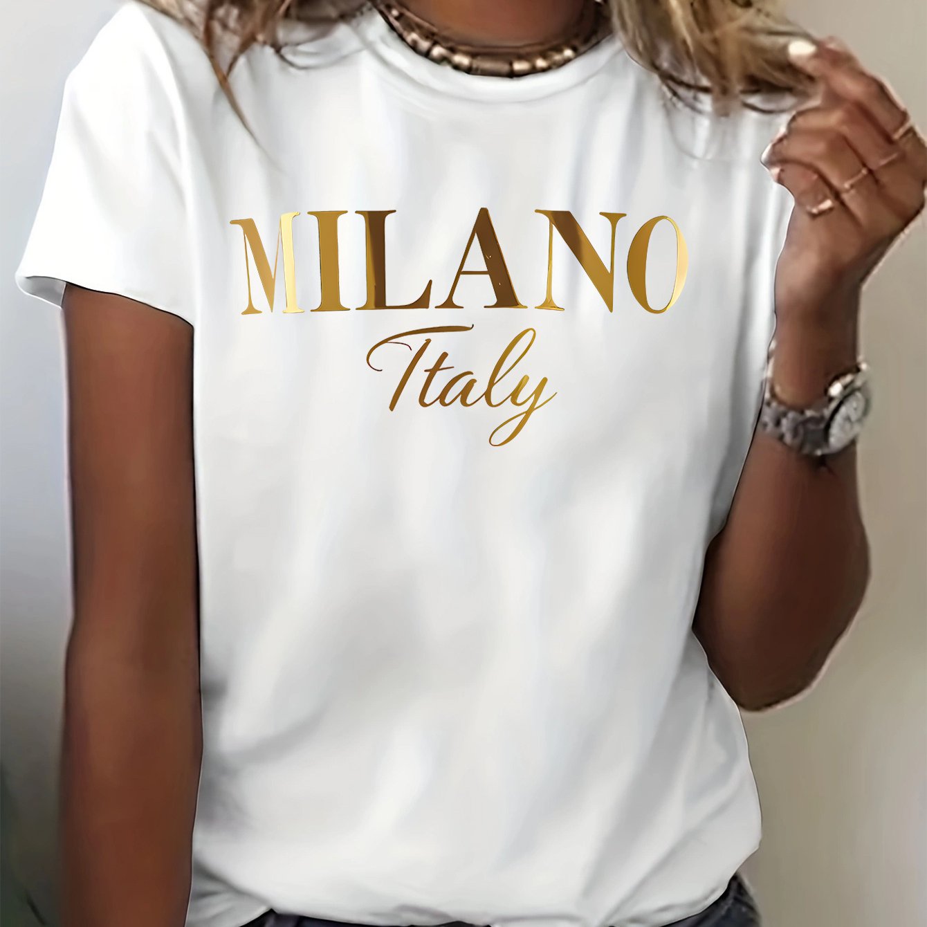 TEMU Women's T-shirt With Golden Lettering From , A New Casual Design For Spring And Summer Featuring A Easy Round Neck And Short Sleeves, Part Of