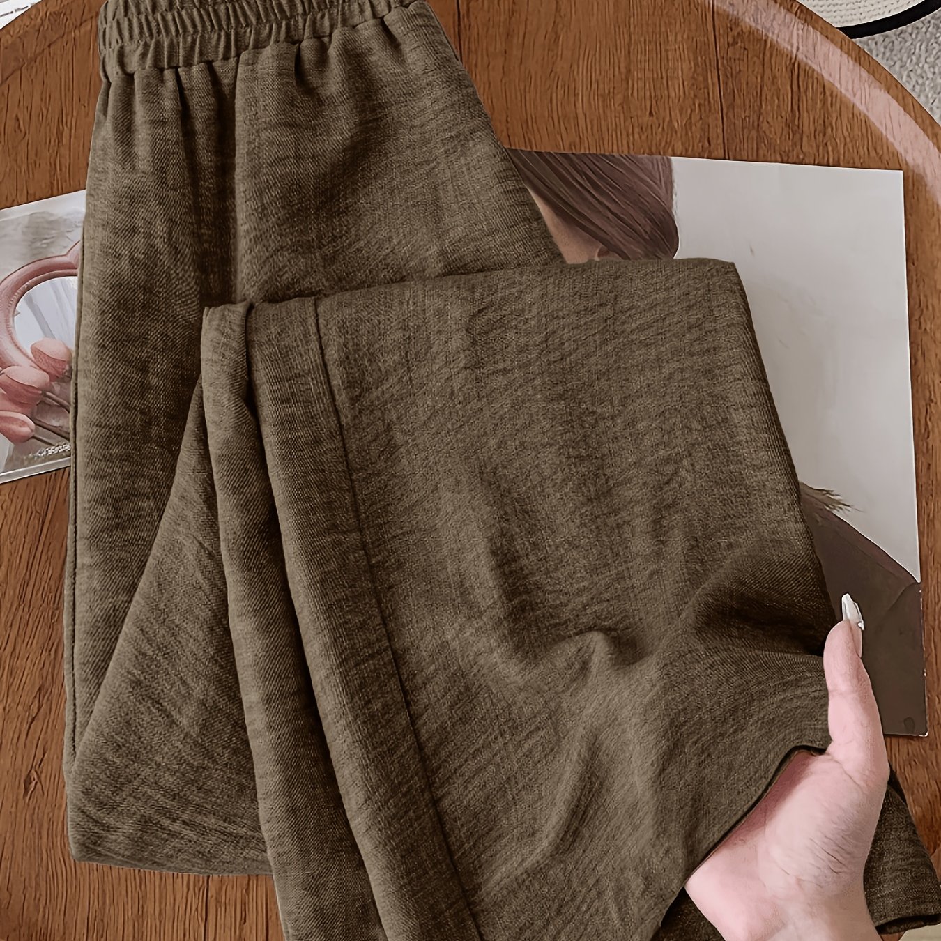 TEMU Olive Brown Elastic Waist Casual Pants, High-waisted Draped Straight-leg Wide-leg Pants, And Figure-flattering Summer Lightweight Women's