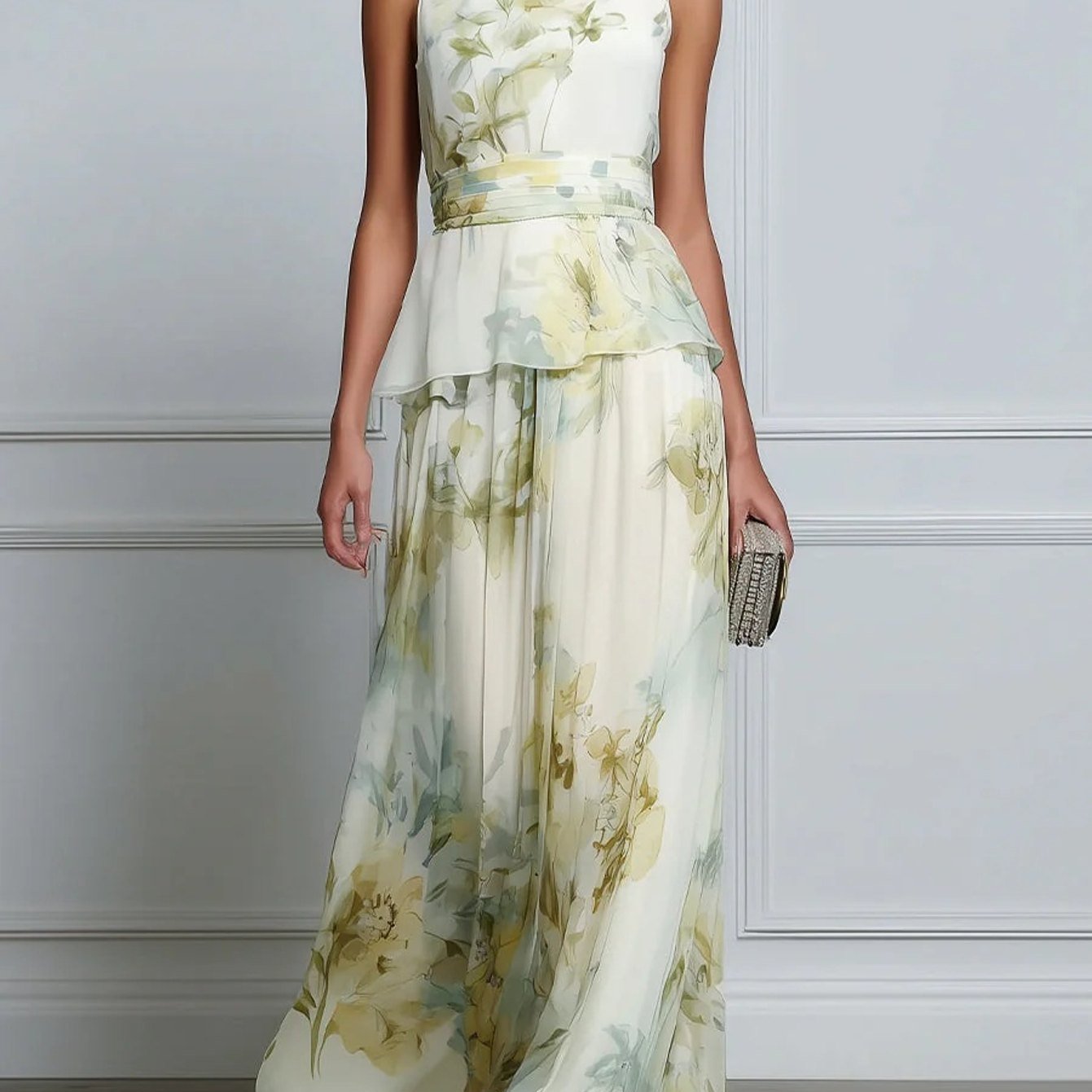 Image of Women's Elegant Sleeveless Floral Maxi Dress, Printed Long A-line Evening Holiday Dress For Summer Vacations And Parties