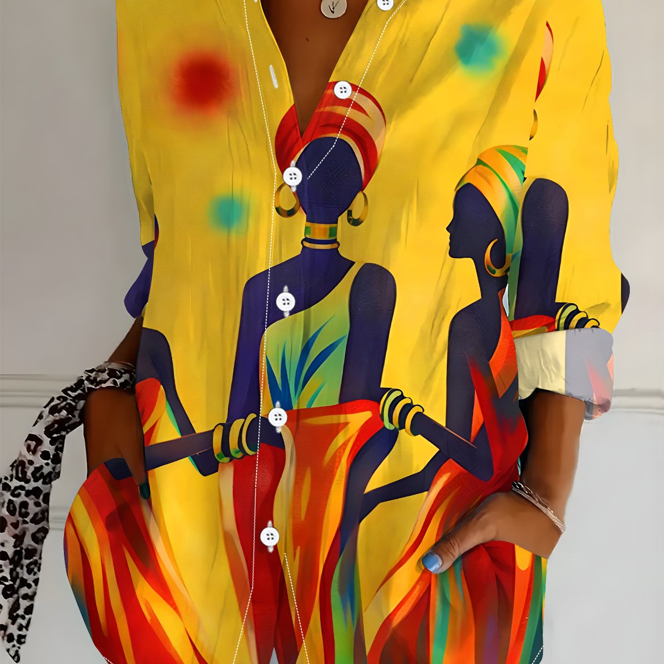 TEMU Women's Long Sleeve Shirt, Ethnic Style Graphic, Printed Shirt, African-inspired Elements, Floral Women's Shirt, Bright Colorful Design, Casual