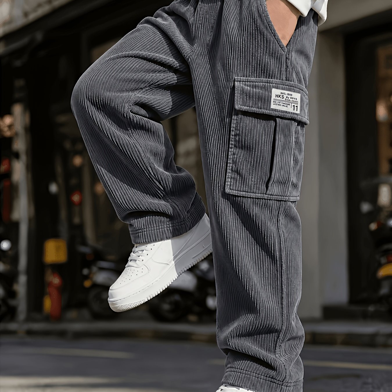 TEMU Corduroy Cargo Wide-leg Pants For Boys, Autumn Winter Elastic Waist Straight Trousers In 3 Colors, Side Large Decoration, Loose And Flowing Fit