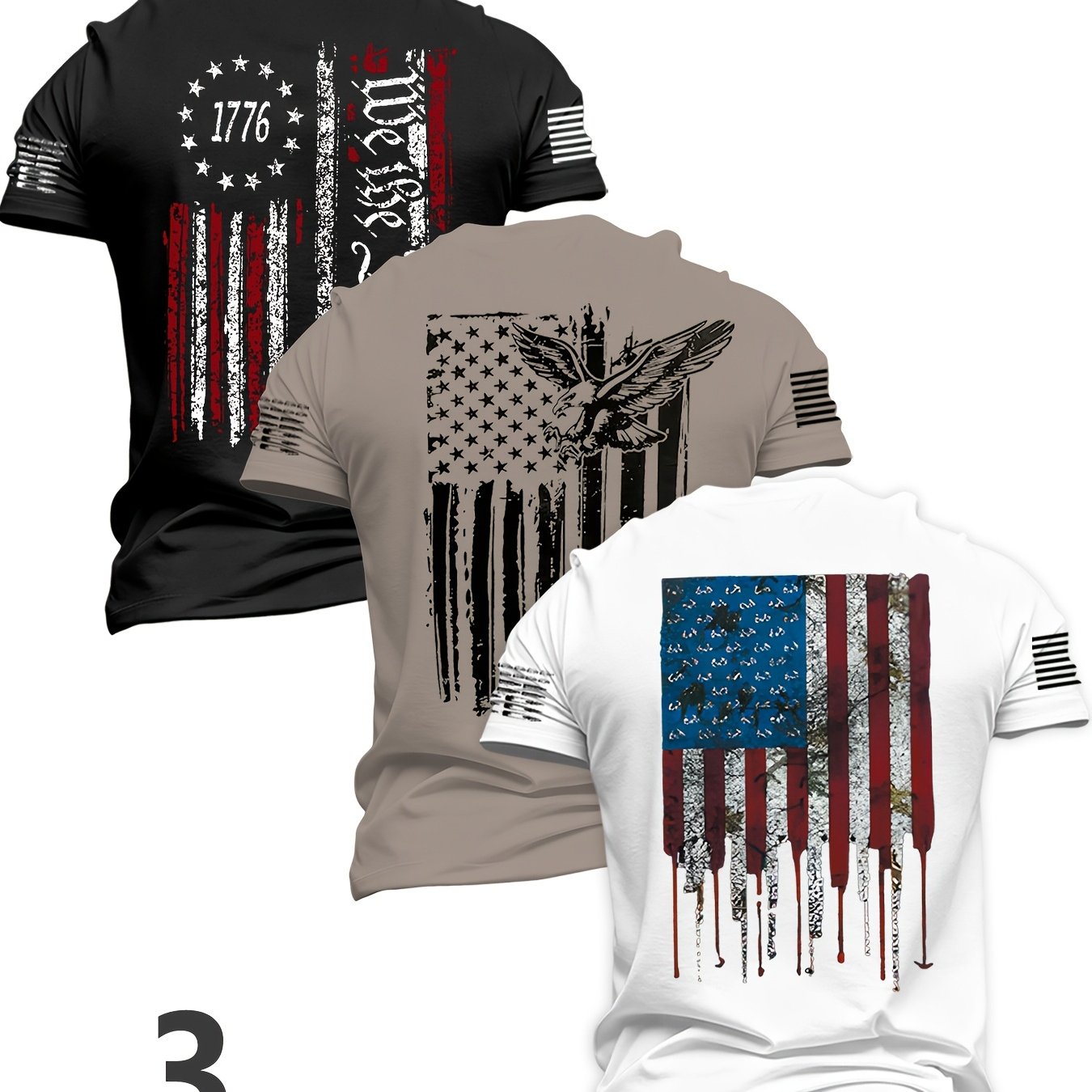 TEMU 3pcs Pc Men's Short-sleeve T-shirts - Patriotic 250 Day Themed Crew Neck Tees With Suitable For Summer Outfits, Machine Washable Casual Shirts