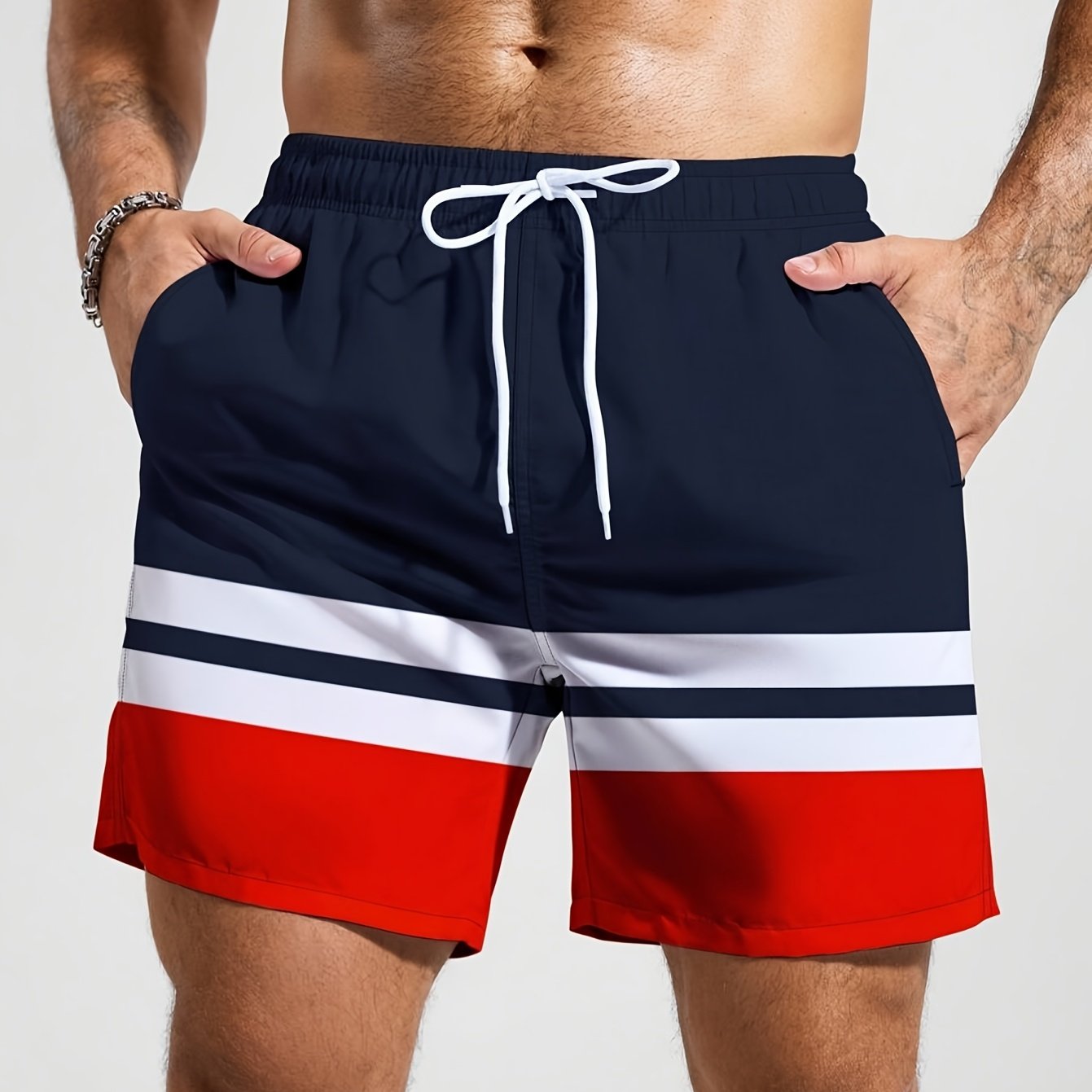 TEMU Men's Summer Swim Beach Shorts With Navy Red Block Striped Pattern Quick-dry Bathing Suits Trunks For Beach Vacation Swimming Surfing Pool Party
