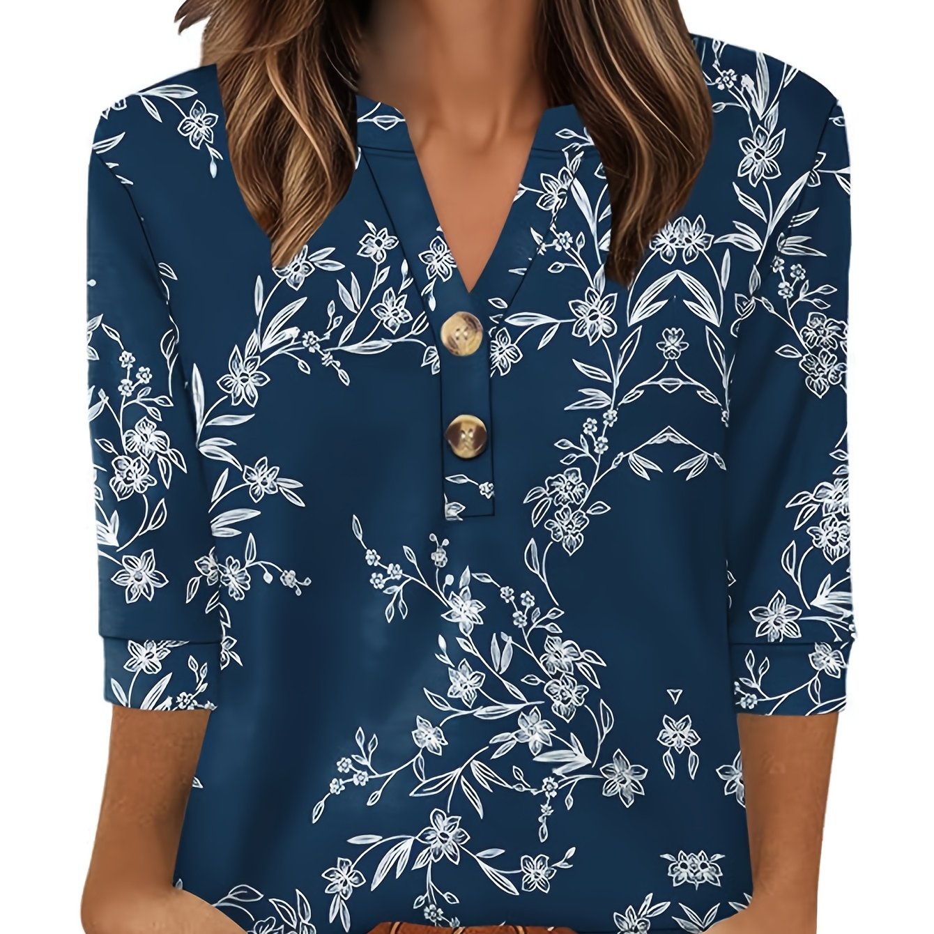 TEMU Women's 3/4 Sleeve Top, Fashionable Loose Fit Casual Vacation Basic Shirt, Elegant And Comfortable Button-up V-neck Three-quarter Sleeve T-shirt