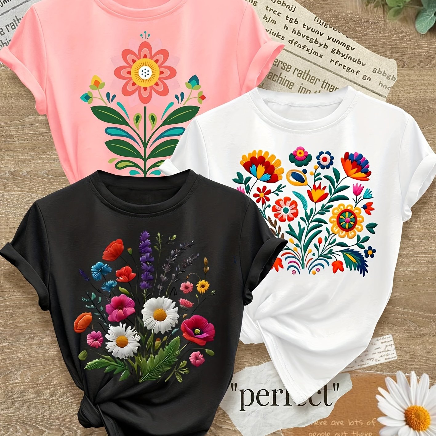 TEMU 3pcs Set Easy Clear Floral Pattern Printed Fashion Retro Style Women's Spring Summer Casual Athletic Neck Short Sleeve T-shirt Multicolor S-xxl