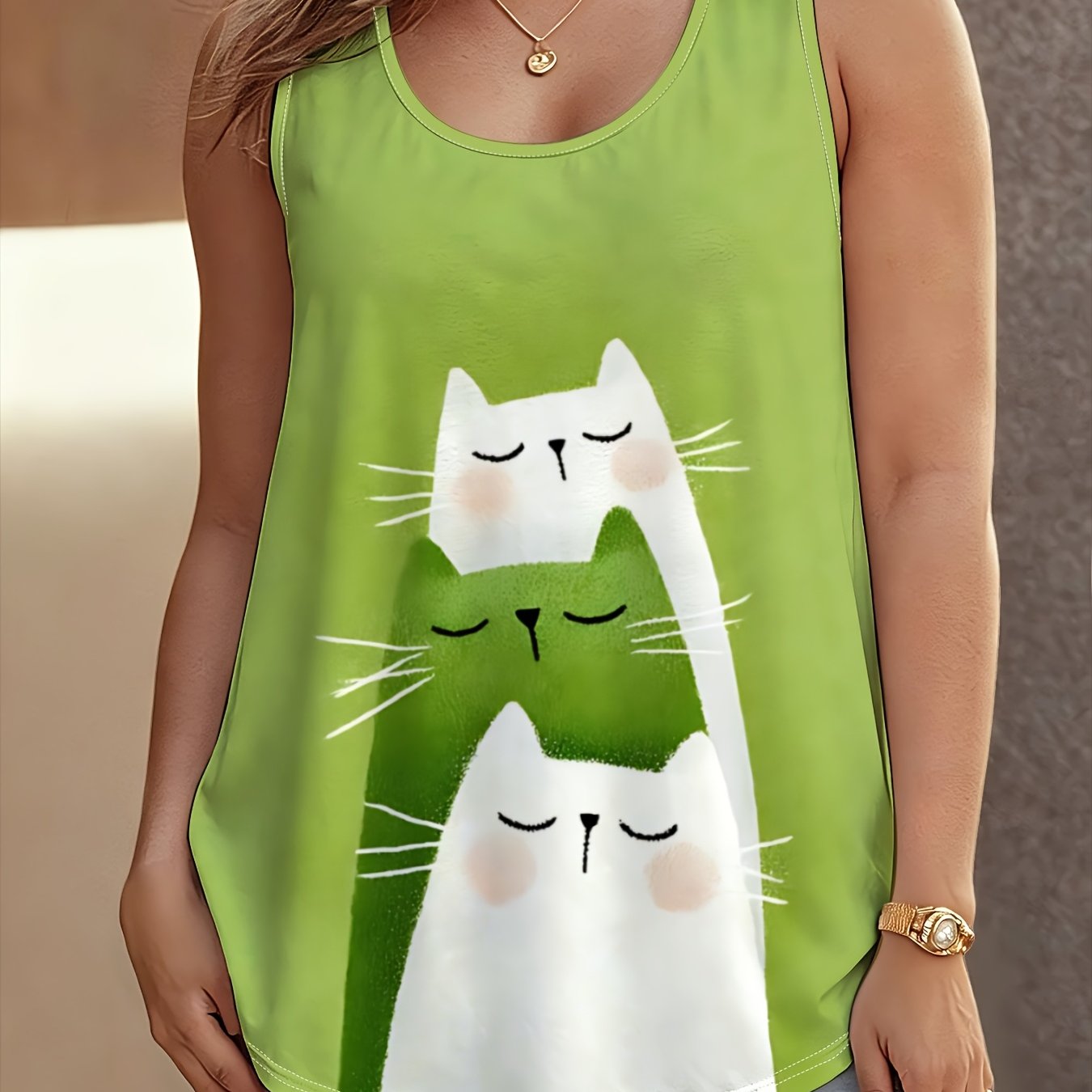 TEMU Women's Plus Size Round Neck Vest, Light Mint Green With Vertical Stacked 3pcs Closed-eye Cartoon Kittens, Easy Printed Plus Size Female Cat