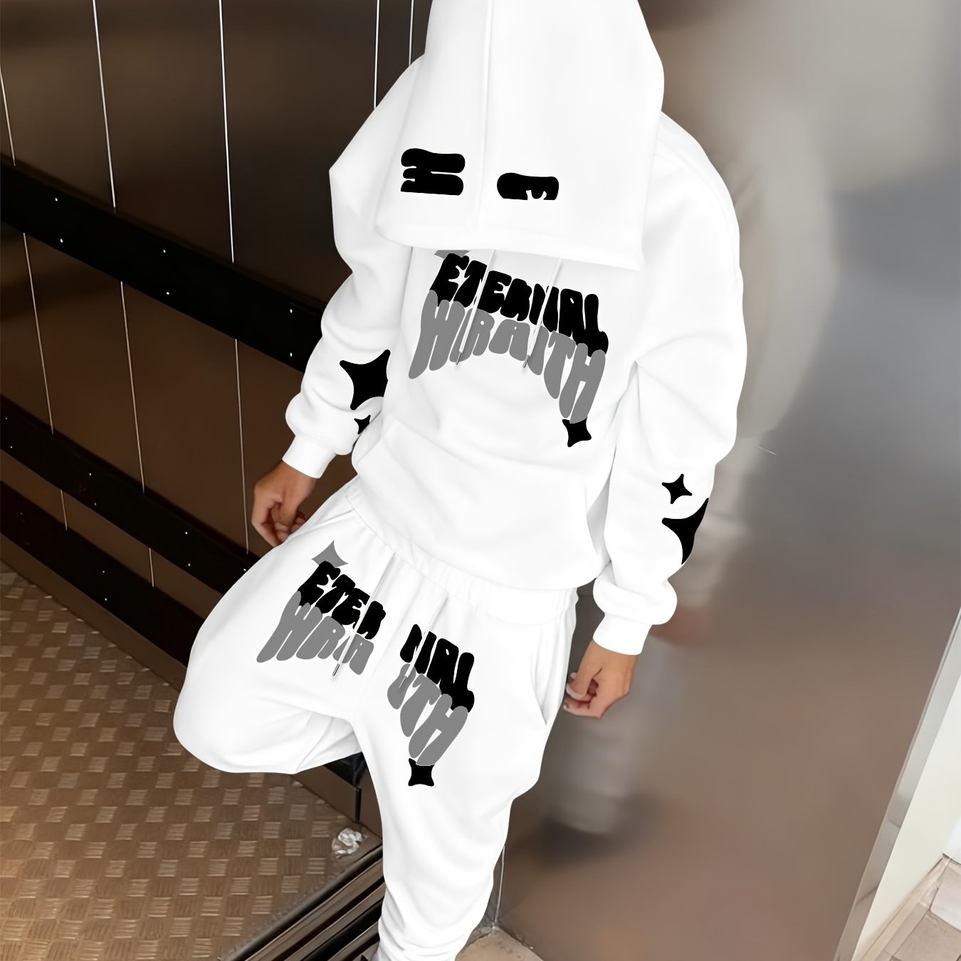 TEMU Men's Casual 2pcss Letter Star Pattern Print Drawstring Pocket Hoodie And Drawstring Outdoor Casual Athletic Long Pants Set 2pcss