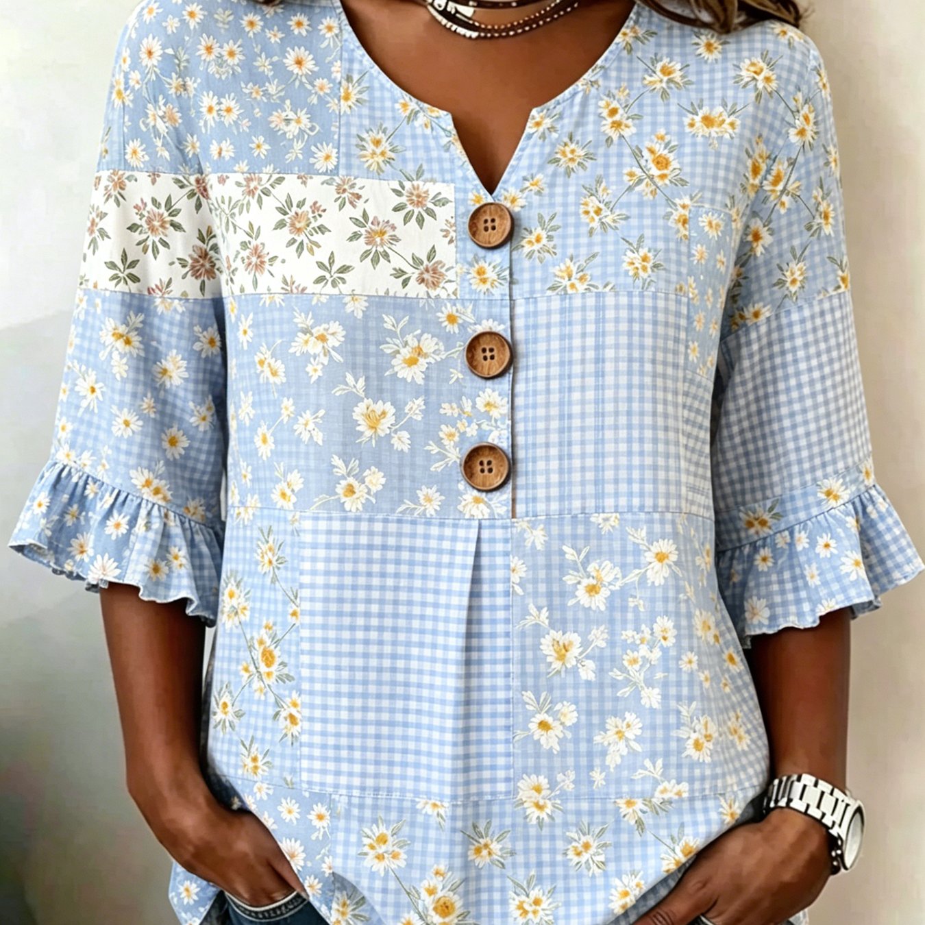Women's Floral Printed V-neck Three-button 3/4 Flare Sleeve Shirts, Fashionable Women's Blouse Shirt For Casual To Formal, Floral Lover