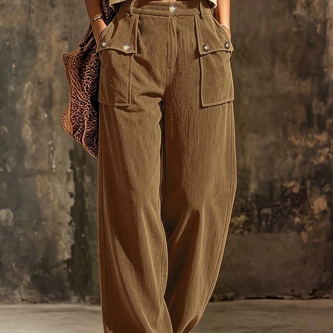 TEMU Women's Classic Retro Corduroy High-waist Wide-leg Pants, Casual Solid Color Multi-, Daily/commute Wear, Machine Washable, Comfortable Fabric,