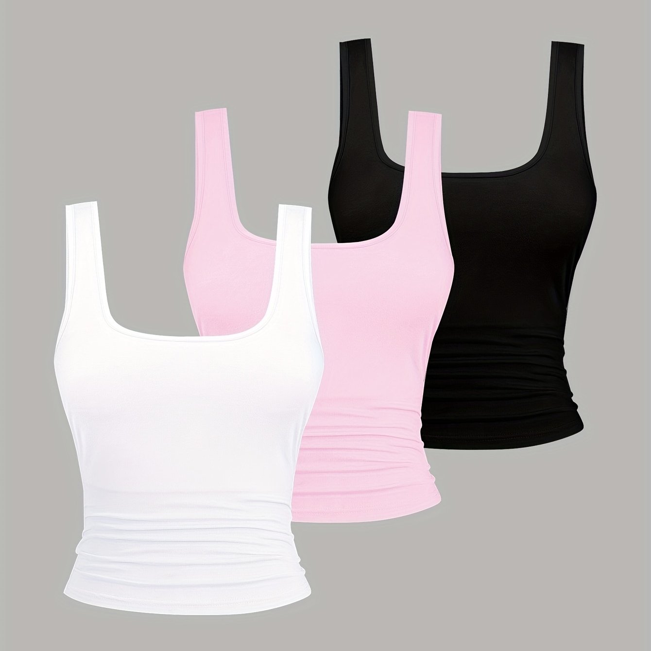9393# Elegant Solid Color Summer Square Neck Women's Tank -piece Set