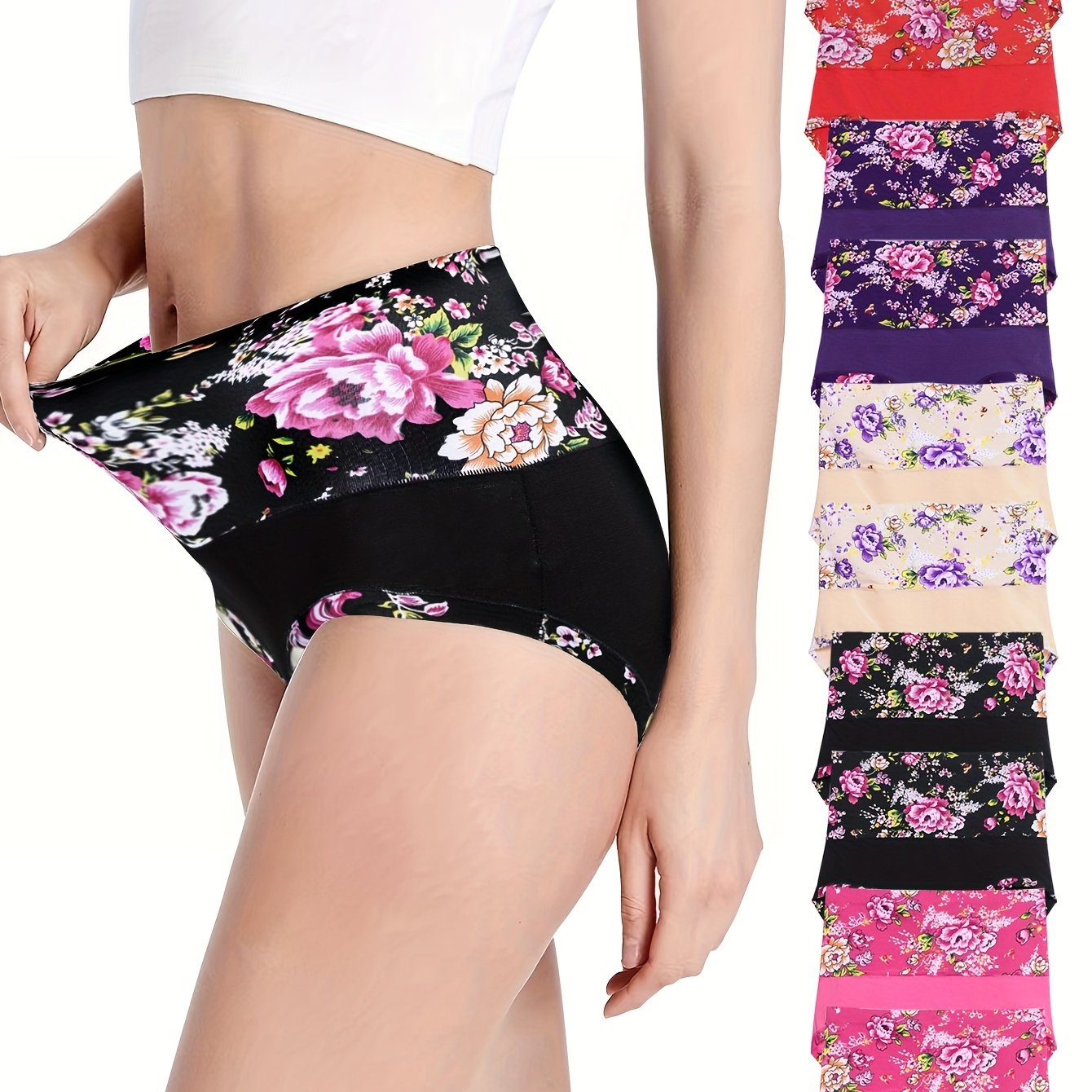 10pcs Chinese Floral Print Women's Panties, Mid-rise Breathable High-elastic Underwear