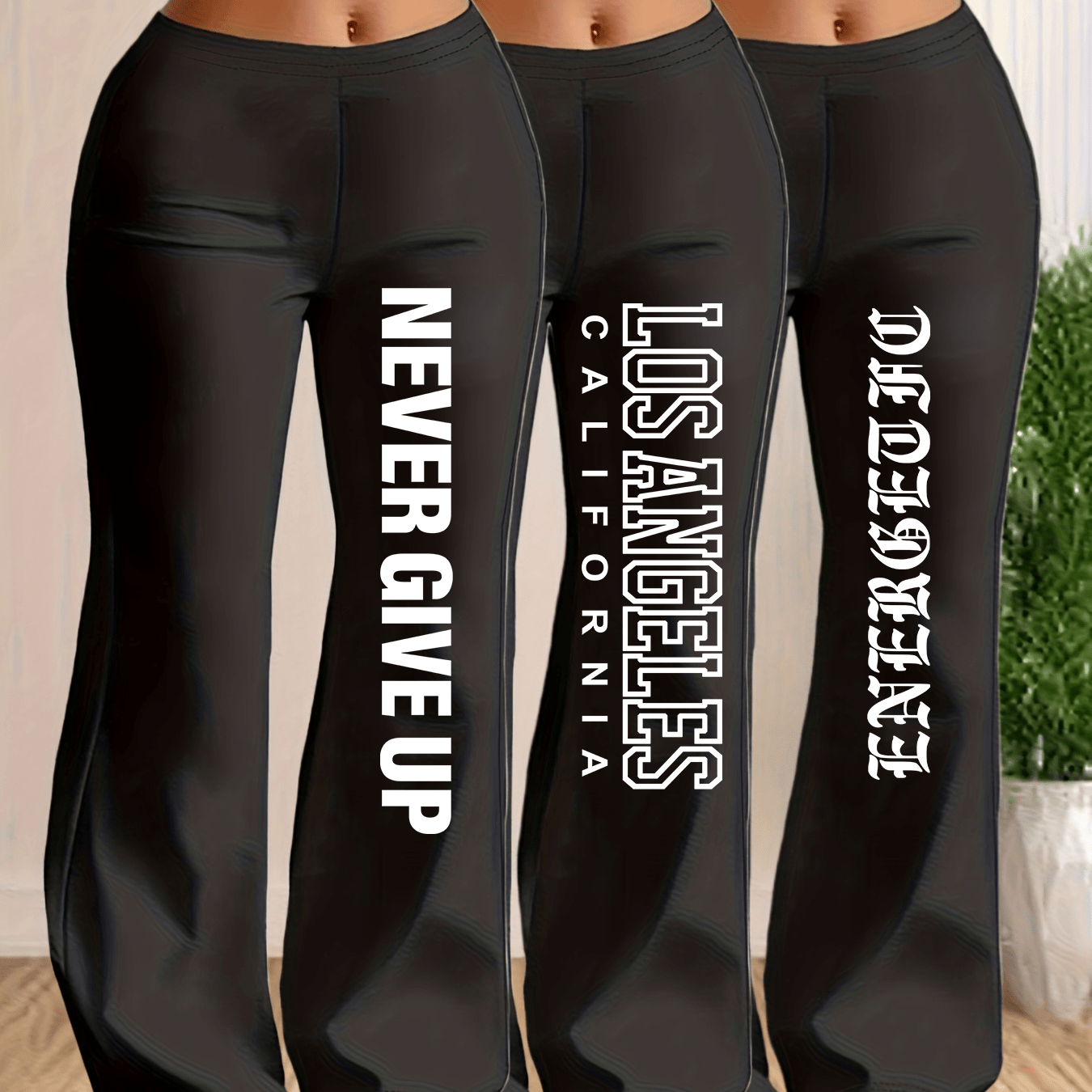 TEMU Plus Size, 3pcs Valentine's Day Printed Women's High-waist Flared Leg Pants - Stretchy Black And Pants, Opaque Design, Sweatpants | Flared Leg