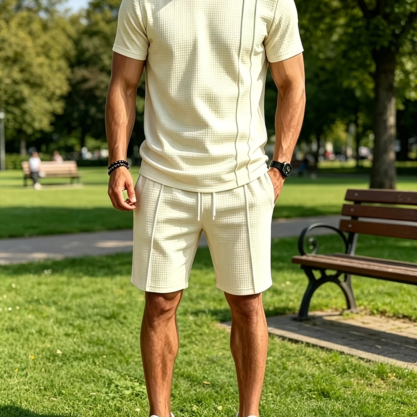 TEMU Men's Summer Athletic Fitness Waffle Short Sleeve And Shorts 2pcs Set, Easy Solid Color Breathable Comfortable