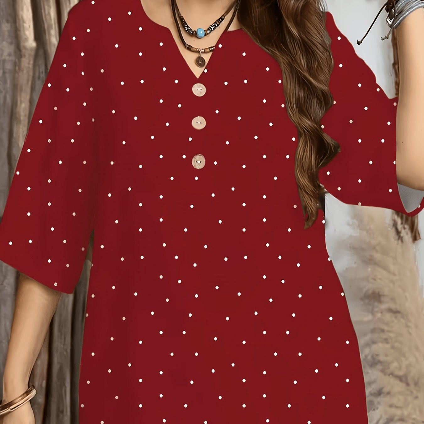 TEMU New European And Style Random Print Notched V-neck Elegant Casual Top Shirt