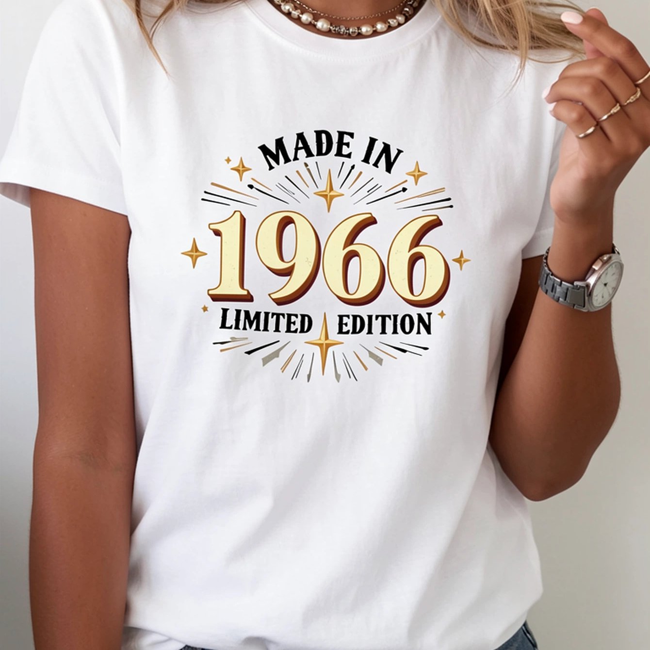 Image of Made In 1966 Edition Print T- Shirt 100, Short Sleeve Crew Neck Casual Top For Summer & Spring, Women' S Clothing