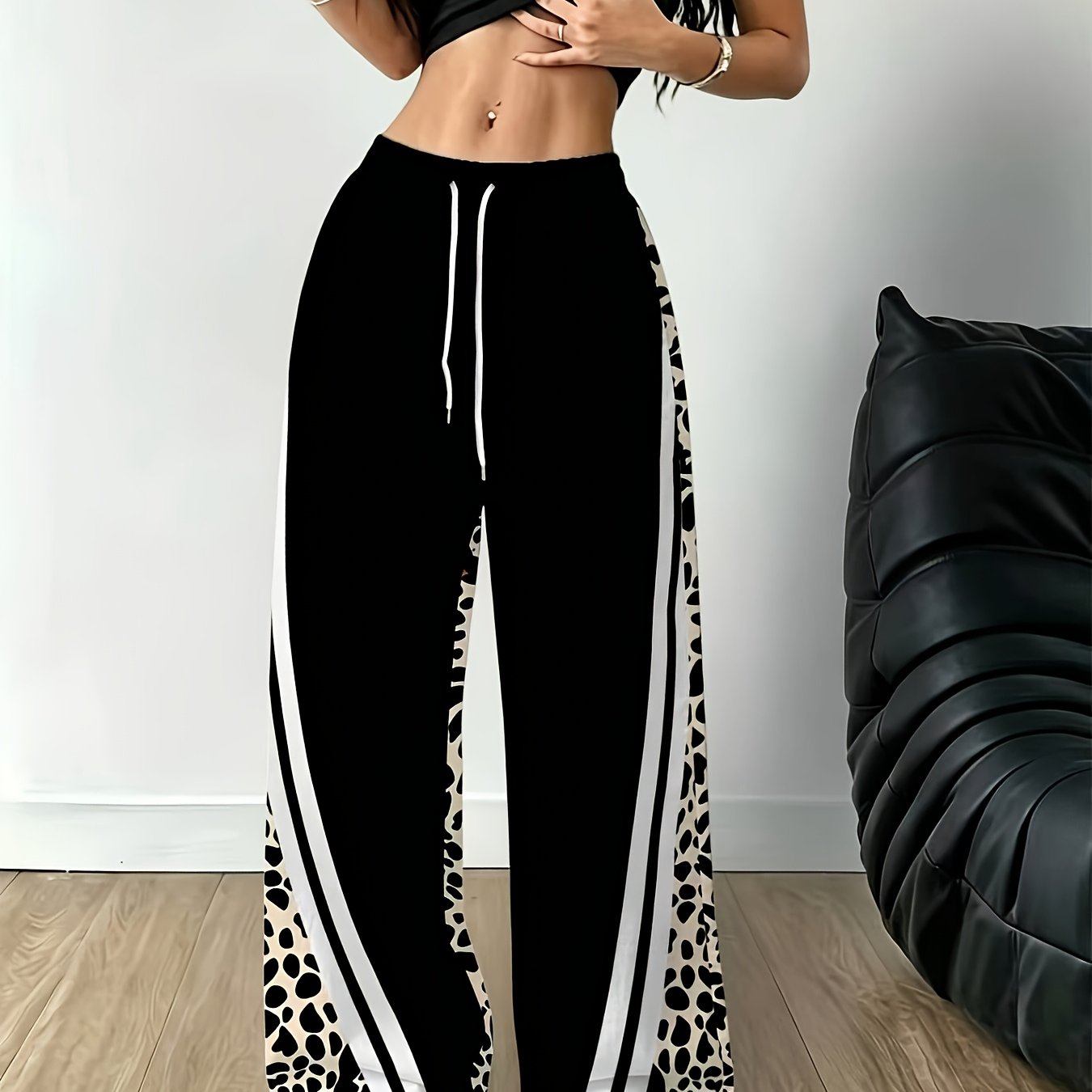 TEMU Printed Design - Non-textured Side White Stripe Leopard Women's Drawstring Elastic Waist Long Pants, Hot Street Hip-hop Style, Loose Drapey