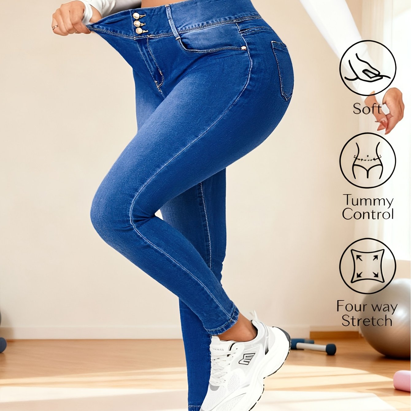 1pc Blue Large-sized Women's Jeans, Elastic Fabric, Provides Comfortable Fitted Denim With Pockets, Machine Washable, Suitable For Dates, Daily Wear, Work, And Parties