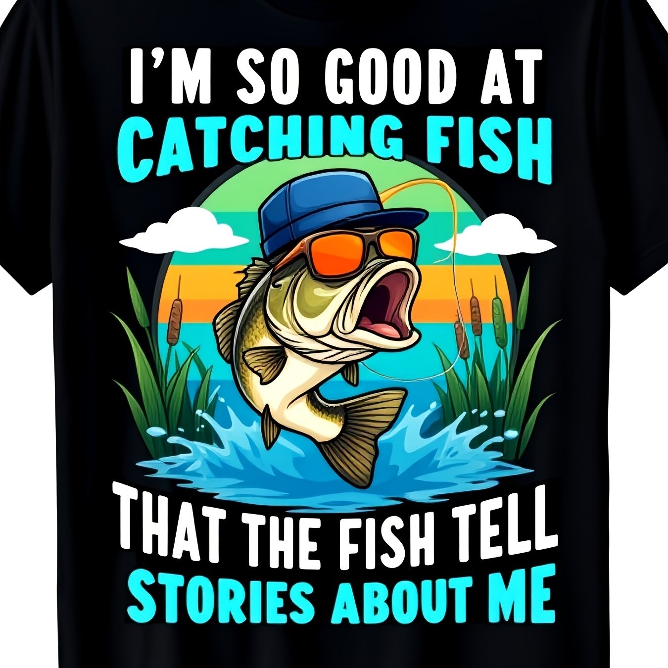 TEMU New Summer Style Men's Neck T-shirt With Humorous Fishing Graphic Print - " Fishing, People Tell Stories " - Printed Streetwear Casual Short