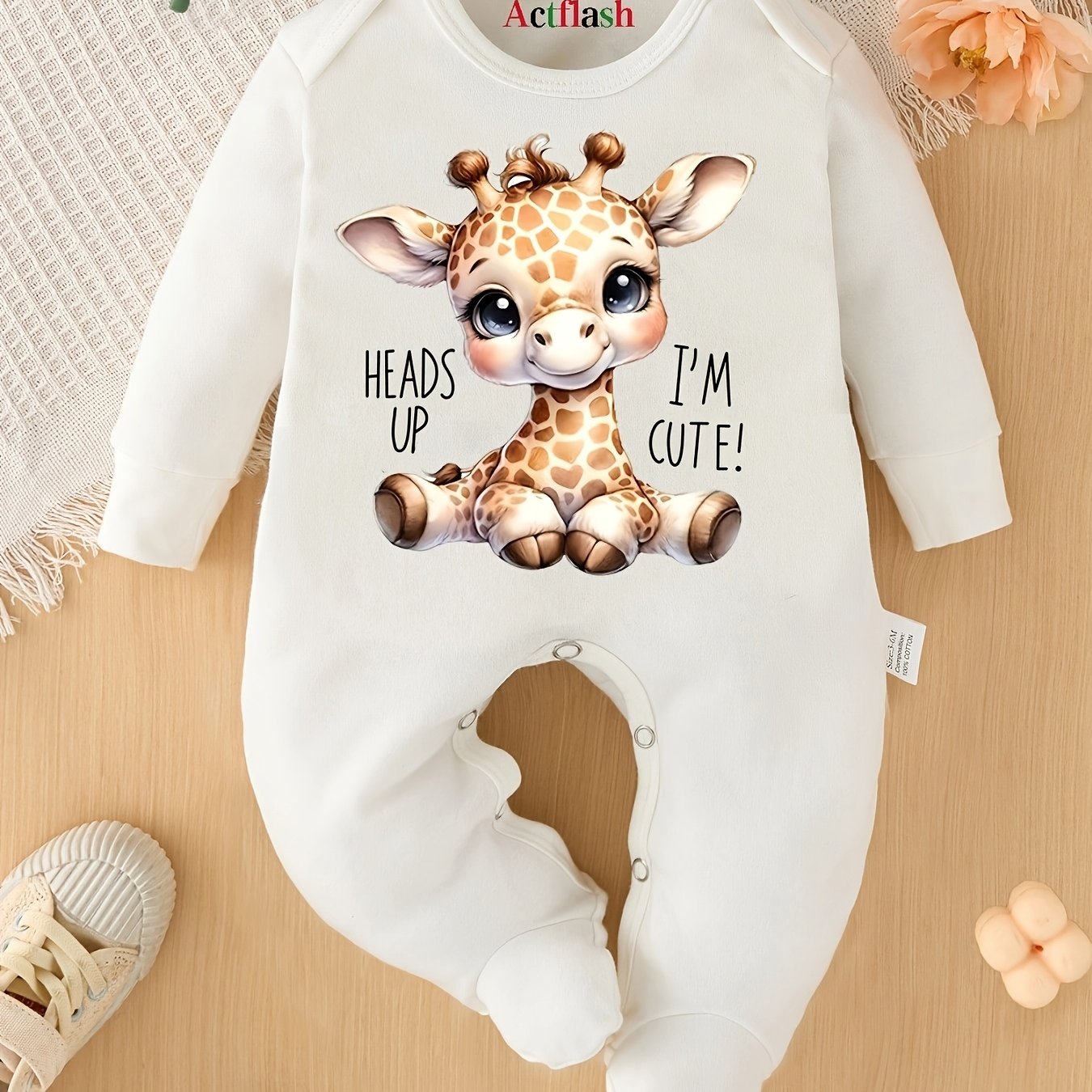 Image of Heads Up, I'm Cute" Cartoon Fawn Print Newborn Footed Romper, Children's Footed Crawling Suit Onesie, Pregnancy Gift, Perfect For Outdoor, Cartoon Print, , Straight Leg, , Daily Wear
