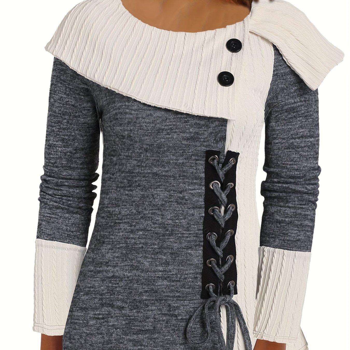 TEMU Elegant Women's Long Sleeve Knit Top - Solid Color, Asymmetrical Hem With Button Detail, Stretch Fabric, Machine Washable