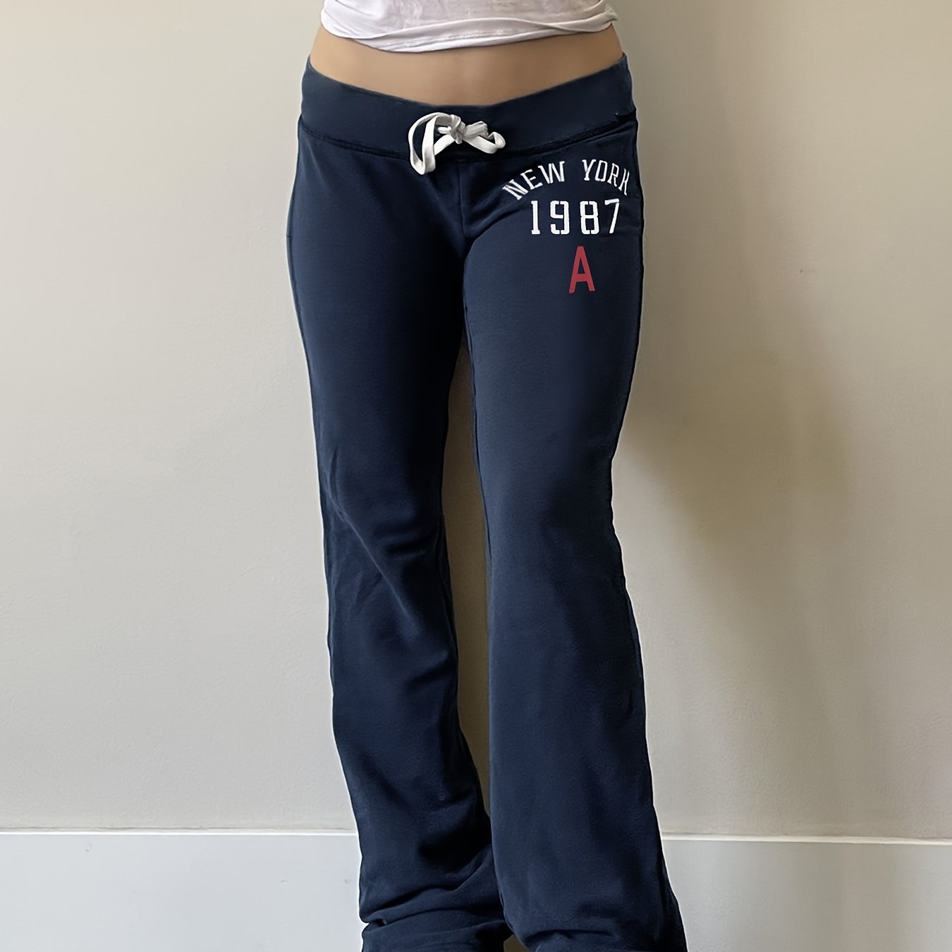 Image of Letter Print Drawstring Low-waist Casual Trousers Spring Autumn Women's Jogging Daily Long Pants