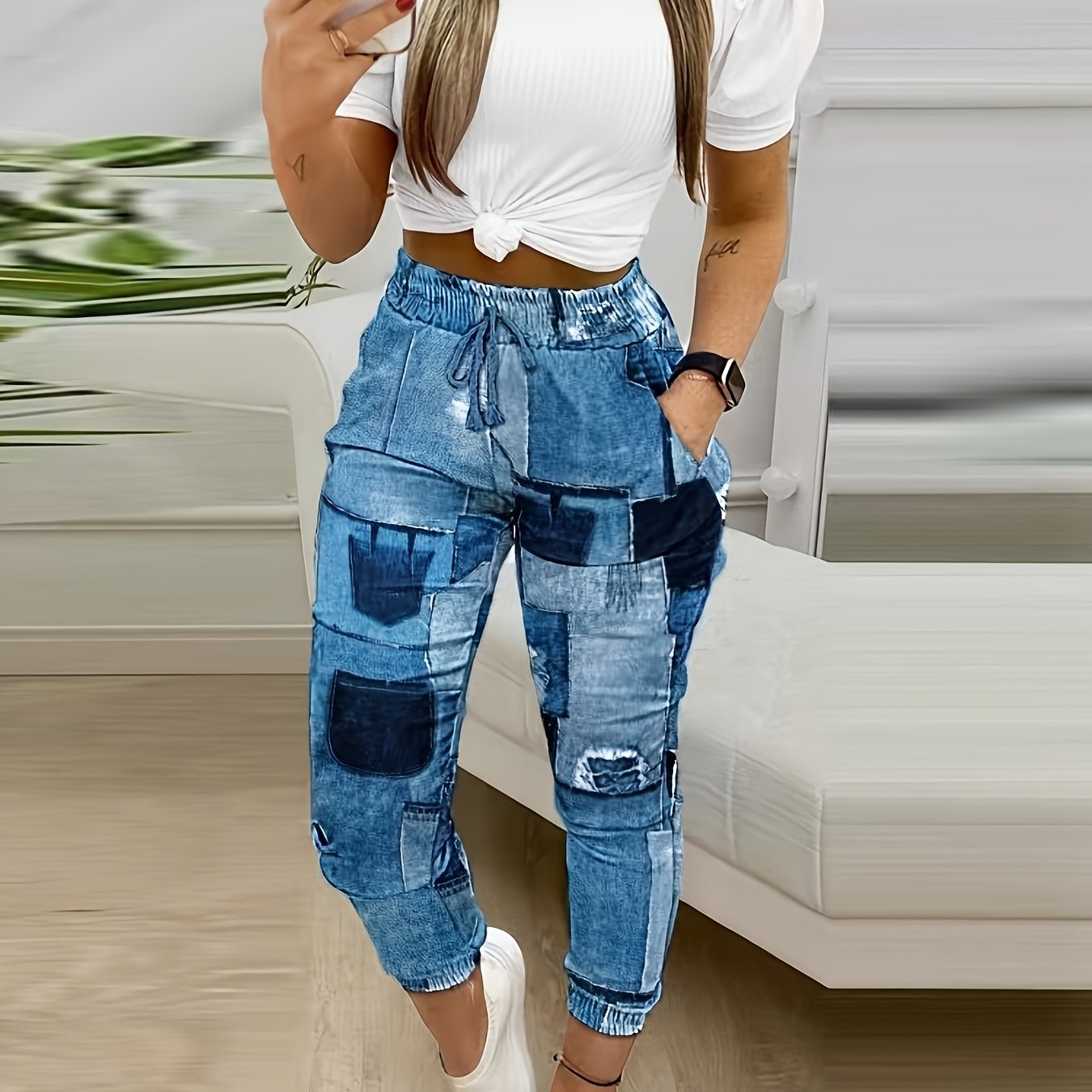 Women's Printed Casual High-waist Trousers