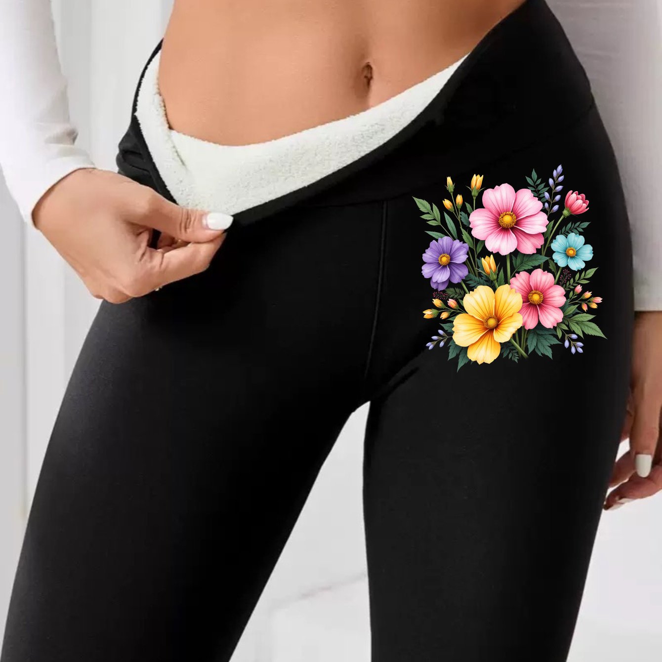 TEMU Leggings Imprimés Doublés pour Femmes, Taille Haute et Coupe Slim, Noir avec un Motif Floral Coloré, Parfaits pour et en Automne et en Hiver