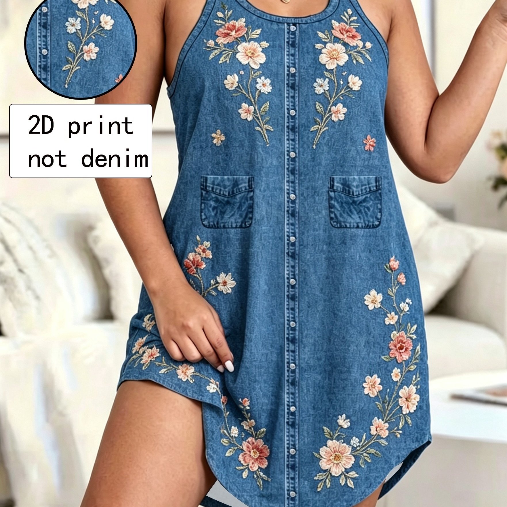 TEMU [printed Pants - Not Faux Denim Fabric]women's Elegant Faux Denim Floral Print Vest Dress, Summer Cool, And Soft Comfortable Pajamas, Robe, ,
