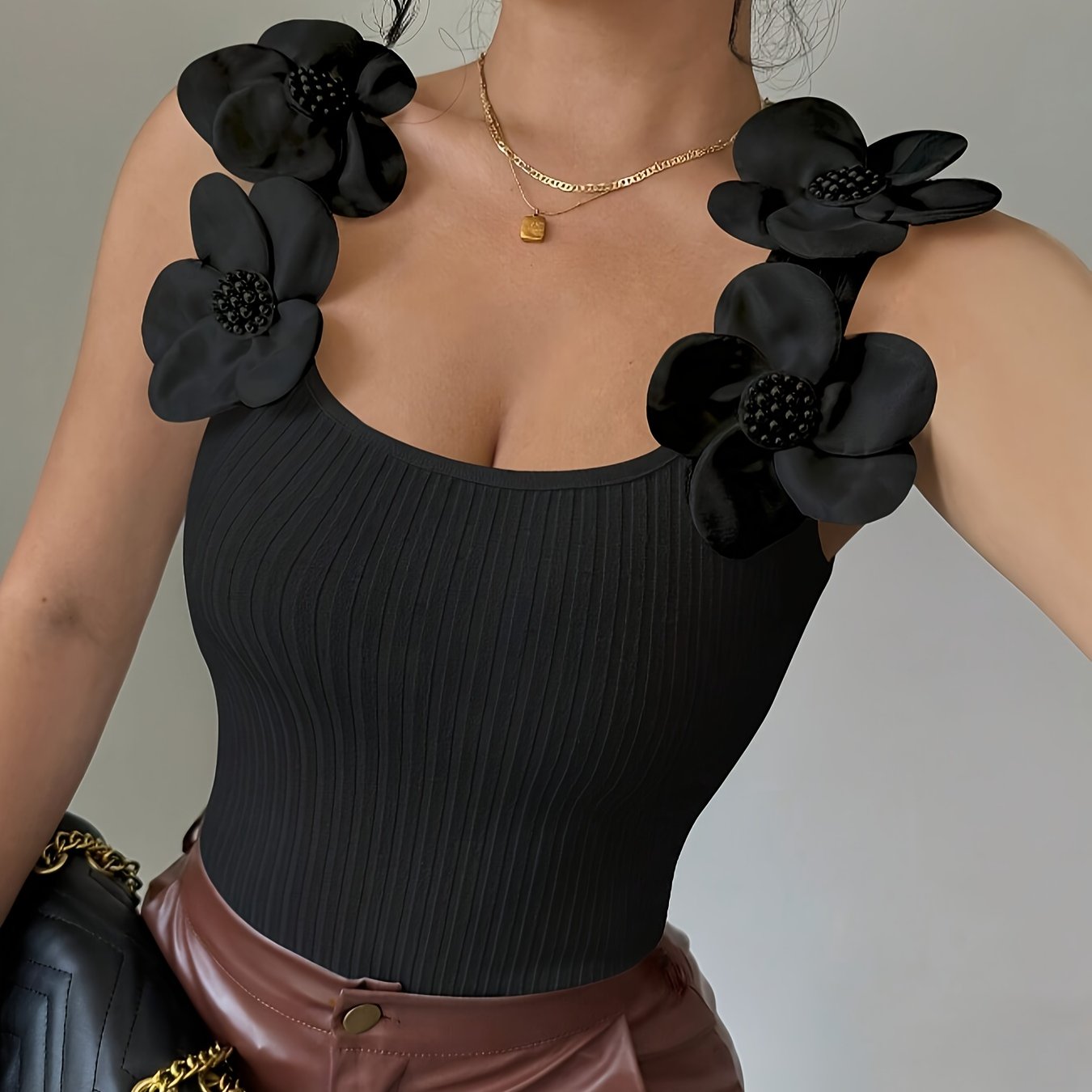 Image of European And American Cross-border Versatile Floral Slim Fit Ribbed Women's Vest T-shirt Top