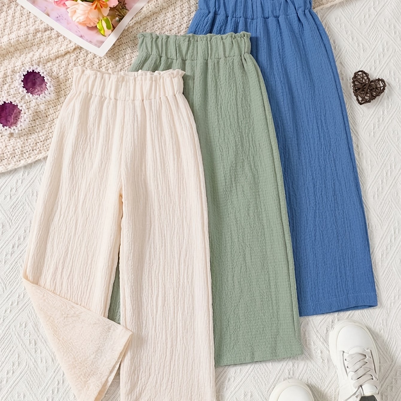 TEMU 3pcs Girls' Macaron Wide-leg Pants, Elastic Waist Breathable Casual Trousers, Solid Color Comfortable Long Pants, For Outdoor