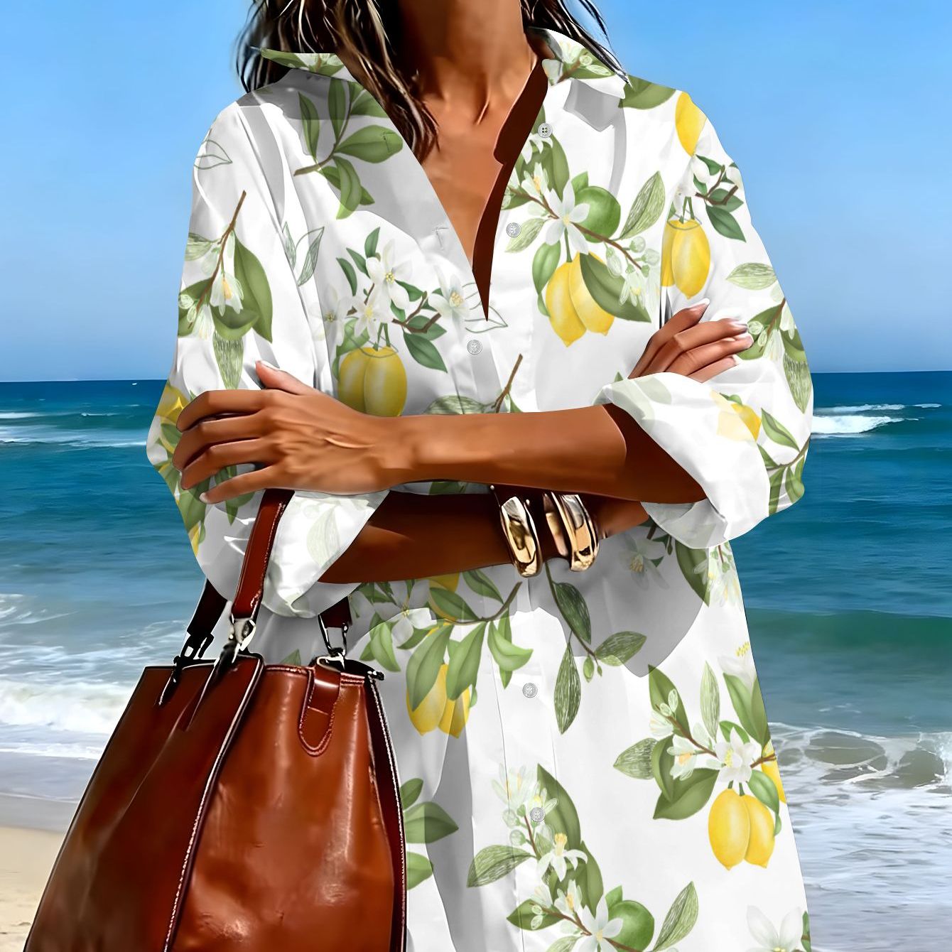 TEMU Women's Casual Long-sleeve Shirt Dress With And Leaf With White Flower Pattern Print, Versatile For Summer Commuting, Daily , And Streetwear