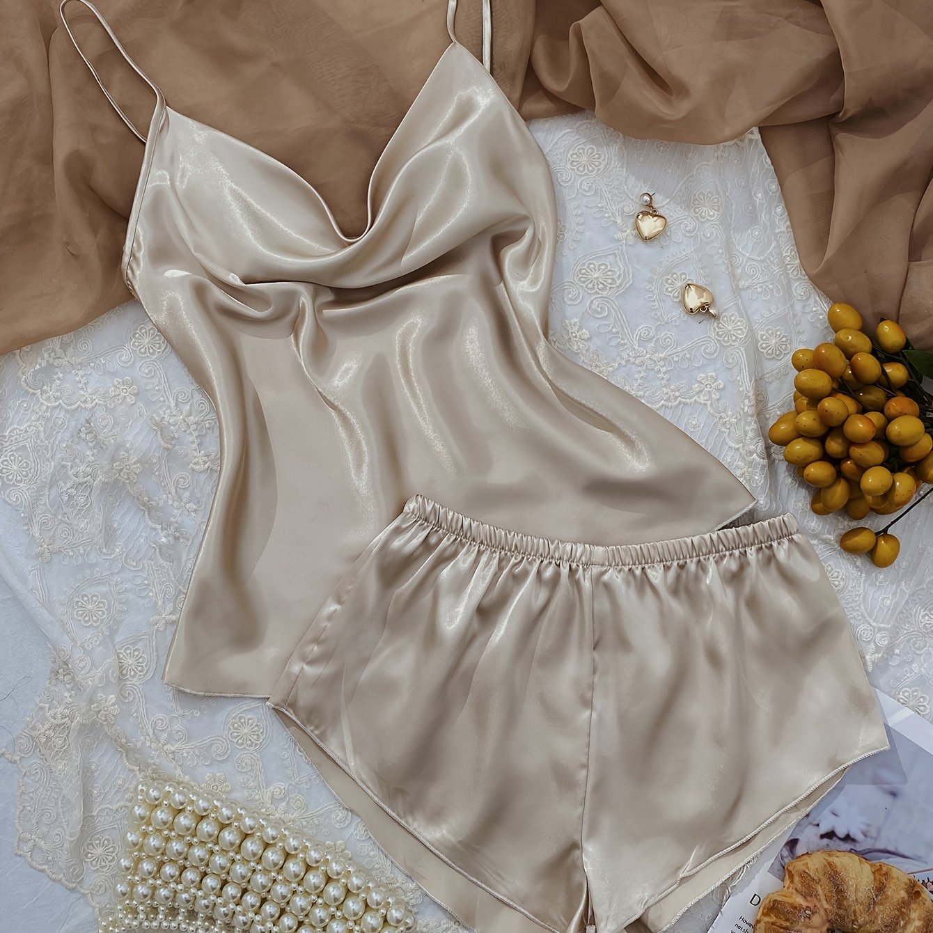 TEMU Solid Color Spring/summer Slouchy Collar Short Overlay Shorts Casual Comfortable Women's Home Sleepwear 2pcs Set