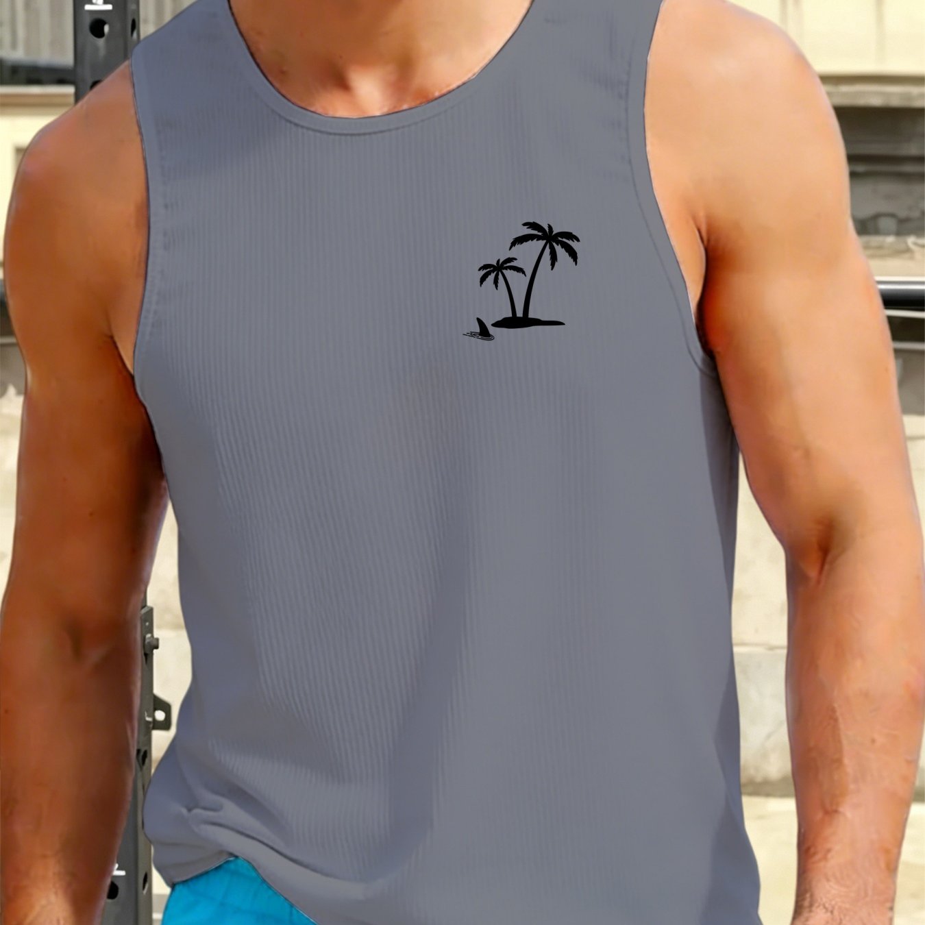 TEMU Men's Casual Vest, Casual Polyester Round Neck Top, Machine Washable, Suitable For Summer Outdoor Activities, Tropical Style Palm Tree Vest,