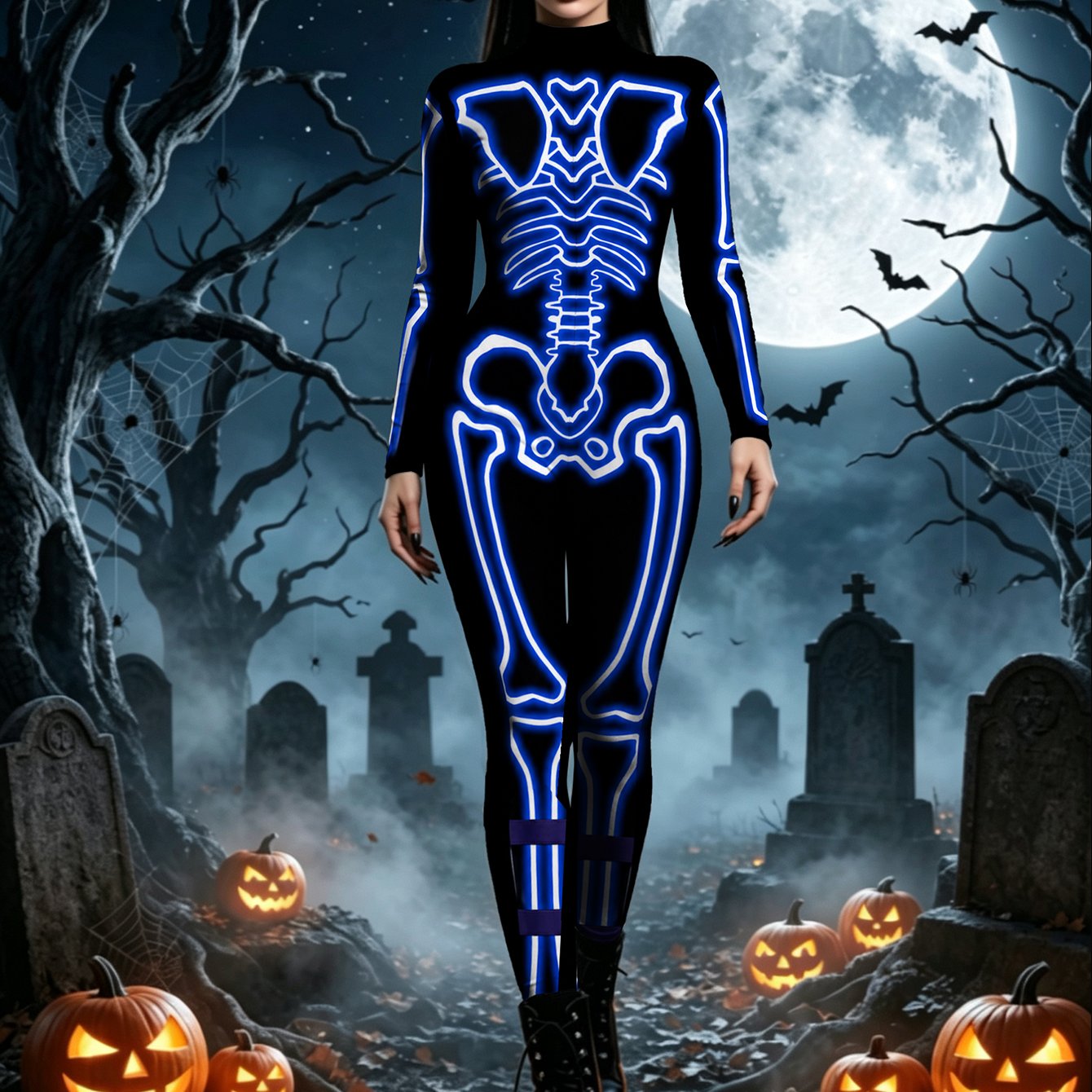 TEMU Glowinthedark Skeleton Women Dark Longsleeve Jumpsuit, Ideal For Nightclub, Stage, Roleplay, Music Festivals, Halloween & Carnival. Sexy