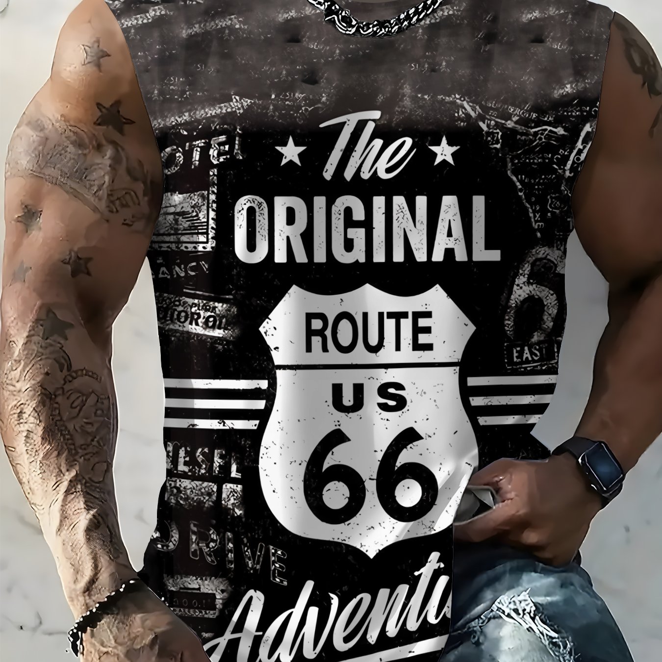 TEMU Men's Stylish Casual Sleeveless Tank Top Featuring A Distressed Black And Gray Print With A Vintage '' Logo On . Is Comfortable, Making It