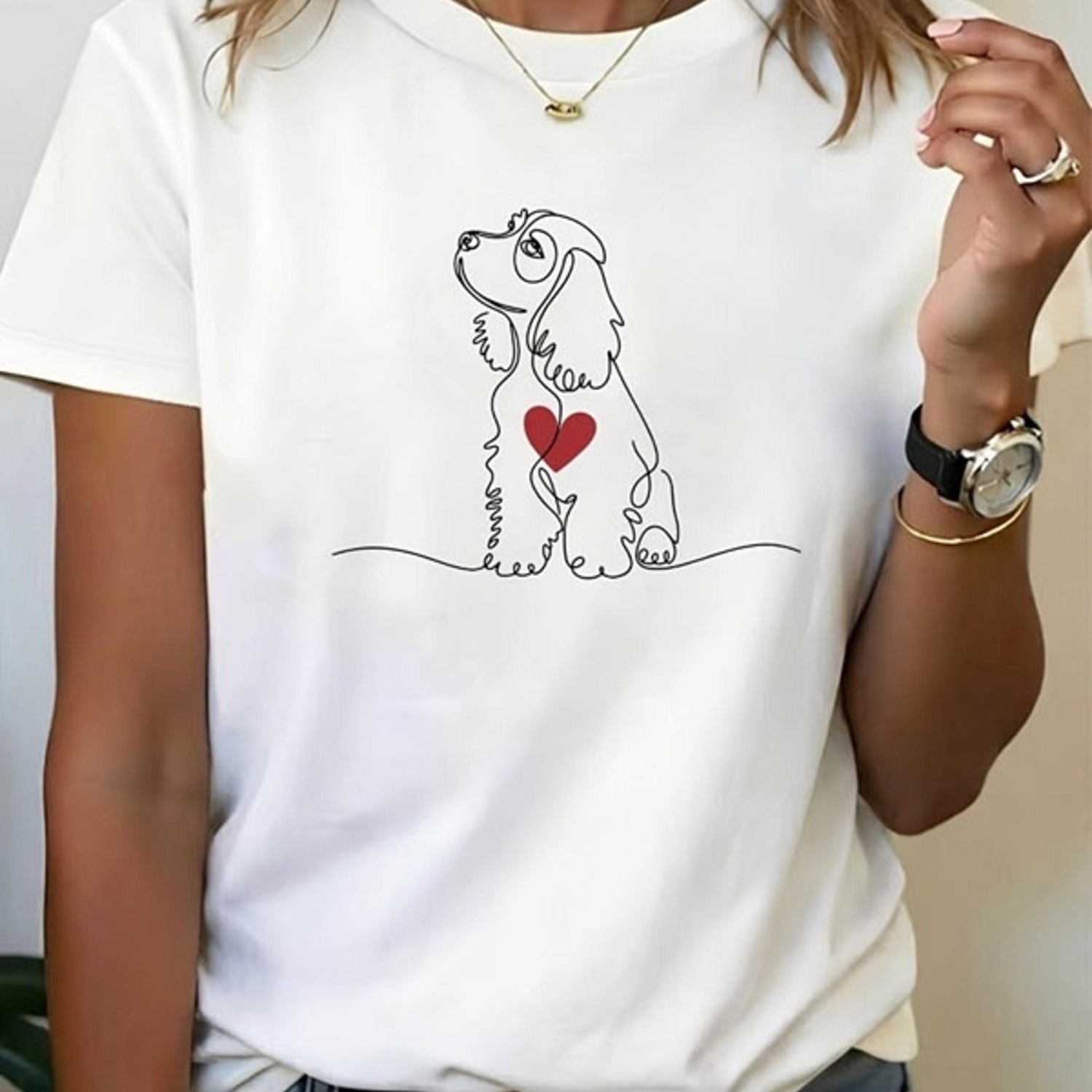 TEMU Women' Short Sleeve T-shirt With -lined Spaniel Dog And Red Heart Print, Fabric Casual Crew Neck Top, Multiple Specifications , Casual Wear And