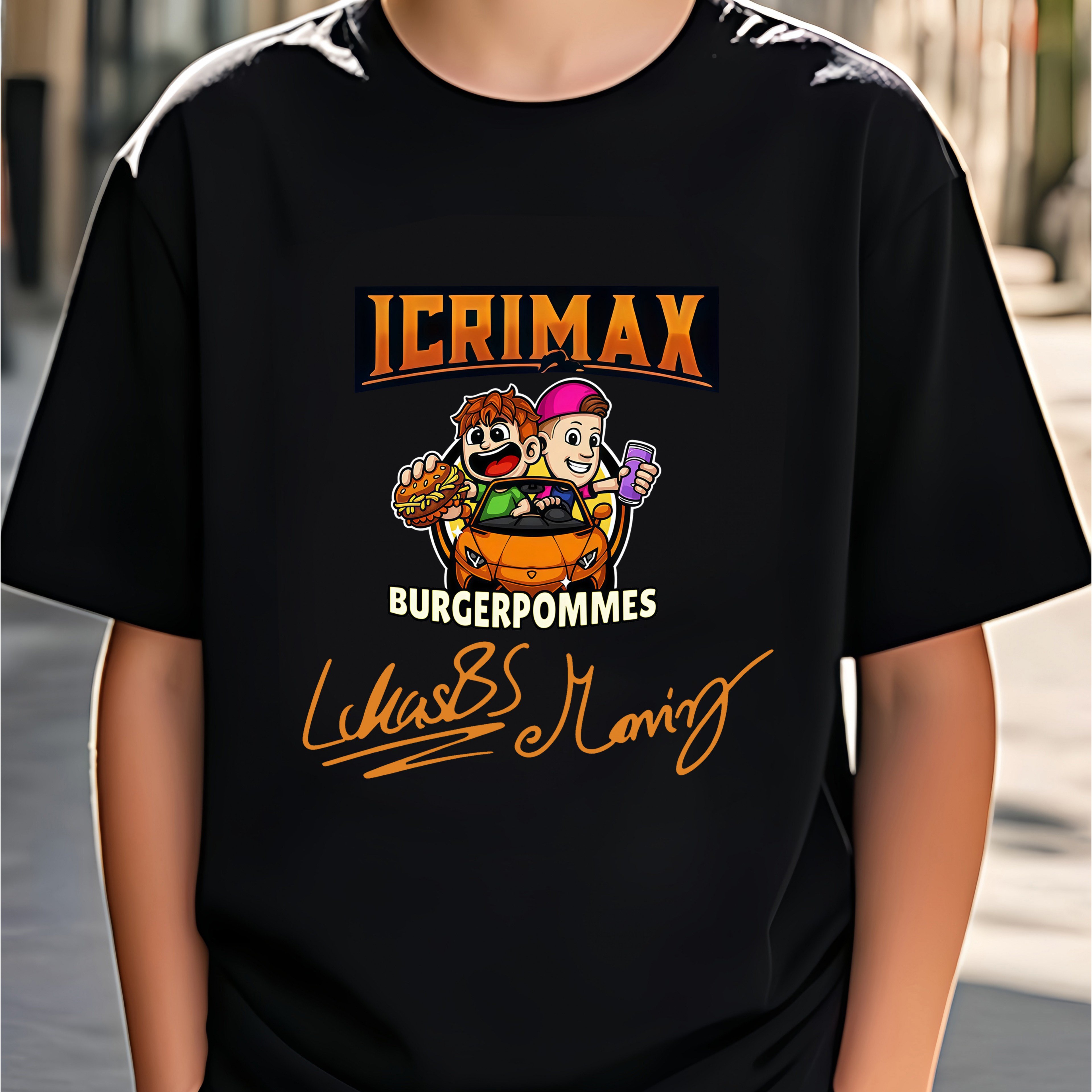 Image of Fashion T-shirt, Round-neck Knitted Machine-washable Top, Featuring Print Of The Icrimax Combined With A , Food, And Sports Design, With The Text Burgerpommes. This And Trendy Perfect