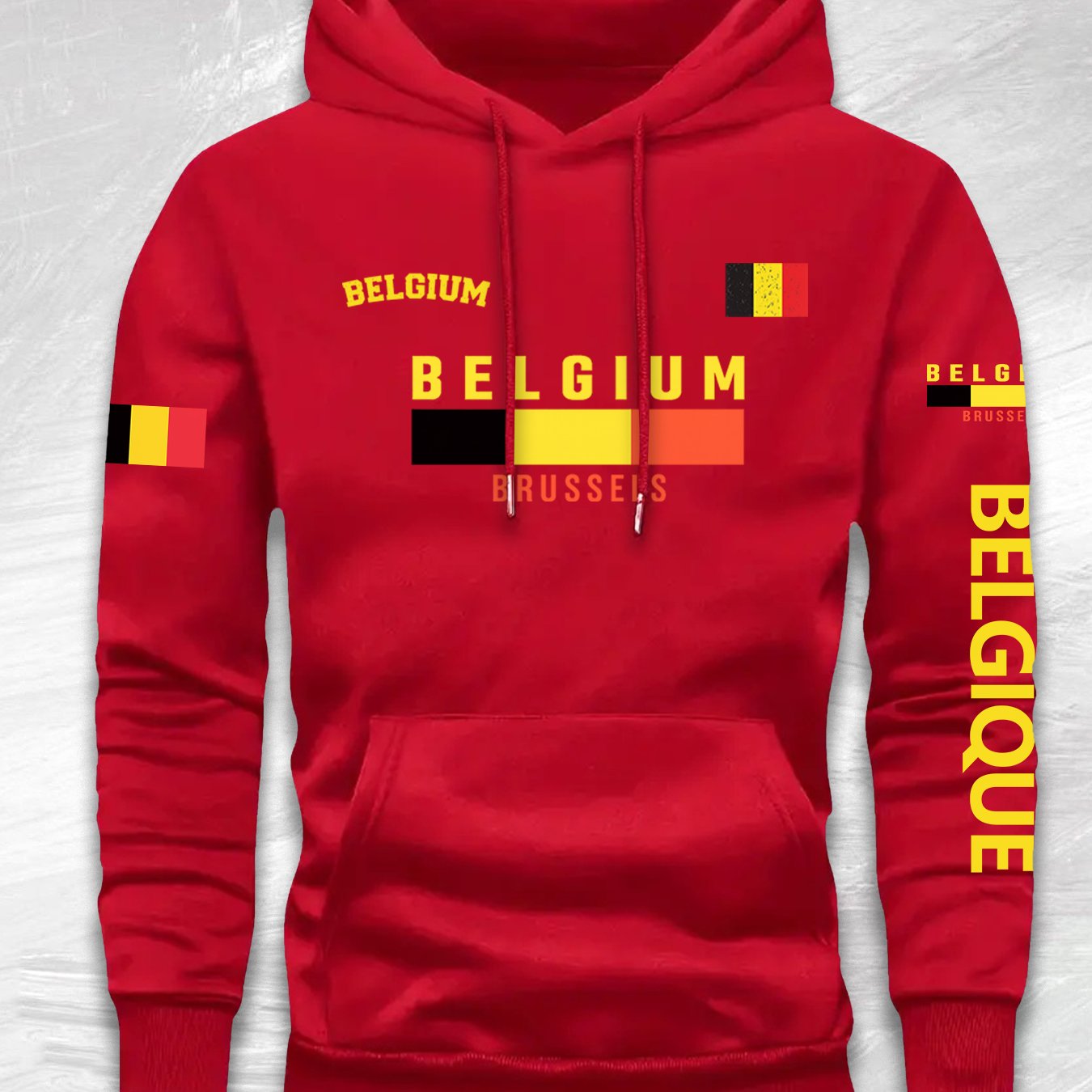 TEMU Men's Belgian Flag & Brussels Print Hooded Sweatshirt - Belgium Design With Brussels Lettering, Loose Fit Casual Pullover, Machine Washable