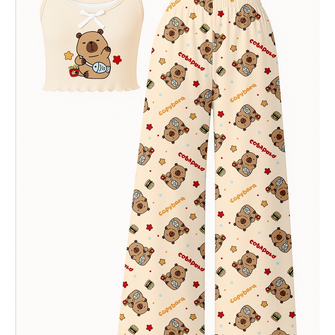 Girls' Cute Capybara Pajamas, Cami Top + Pants Loungewear Set, Casual Sleepwear, Flame Retardant