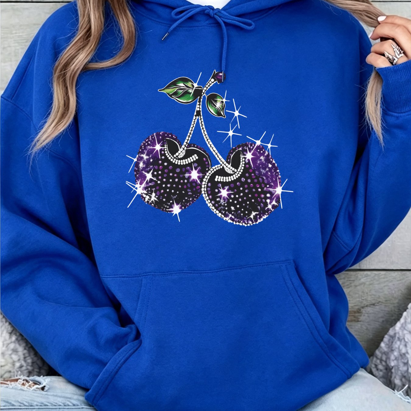 Image of Autumn Winter Women's Loose Hoodie With Y2k Purple Cherry Print, Sparkle Embellishments And Star Accents, Casual Pullover Top