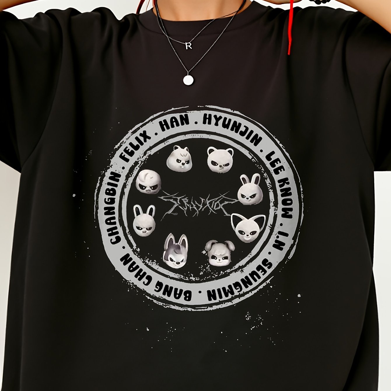 T Shirt With Stray Cartoon Faces And Names Circle Print For Casual Wear And Fan Merchandise