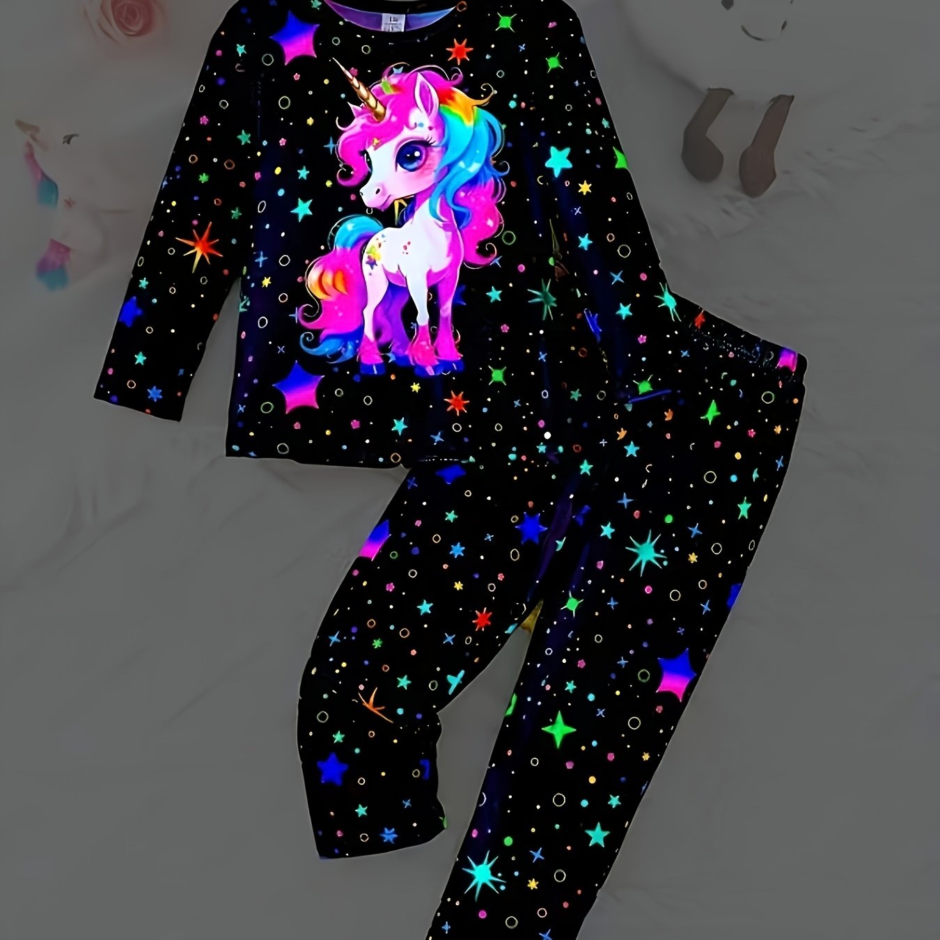 Image of Little Girl 2pcs Set With Unicorn Long Sleeve Top And Star-printed Pants Set For Autumn And Winter, Casual And , Set